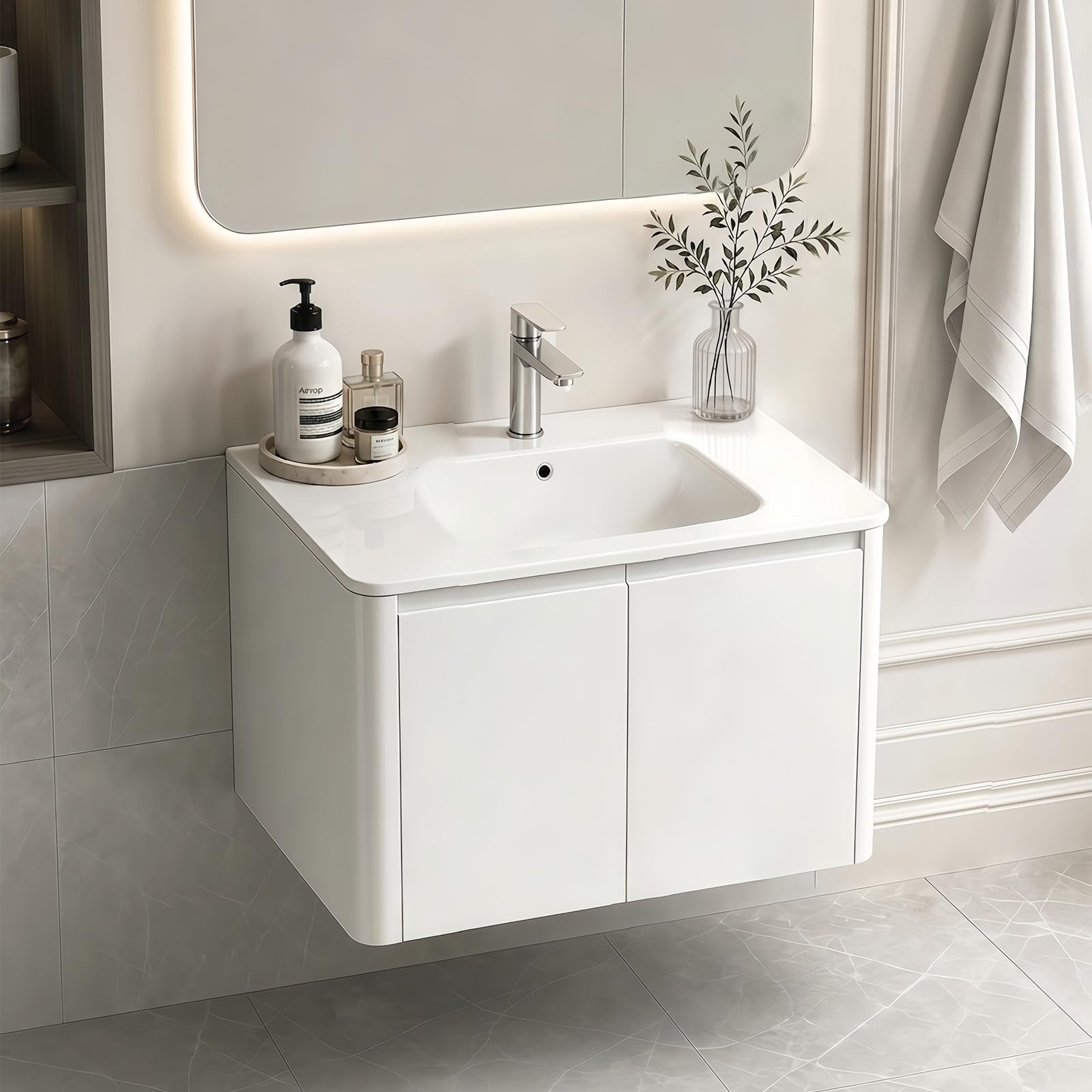 600mm Wall Mounted Bathroom Vanity Unit, Wash Basin Ceramic Sink, White