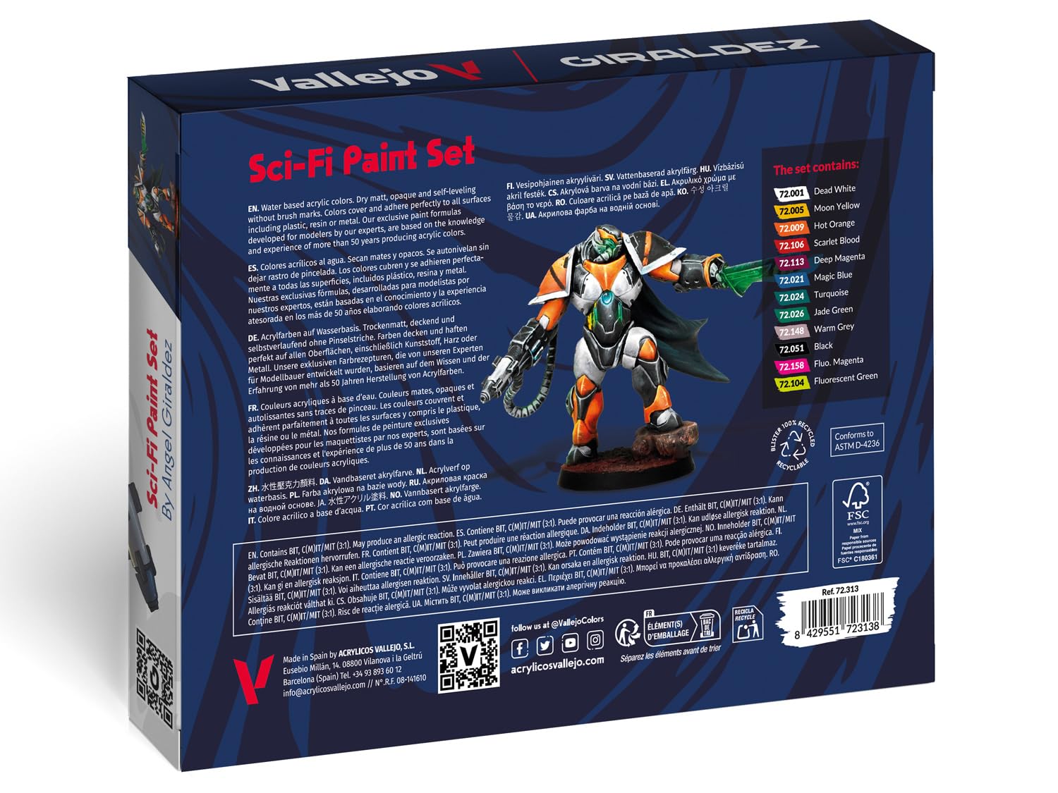 Vallejo Sci-Fi Paint Set, 12 Colores Vibrantes, Incluye Figura Exclusiva de 28 mm, Ideal para Miniaturas y Efectos Lumínicos, Game Color Series by Ángel Giráldez (Viejo)