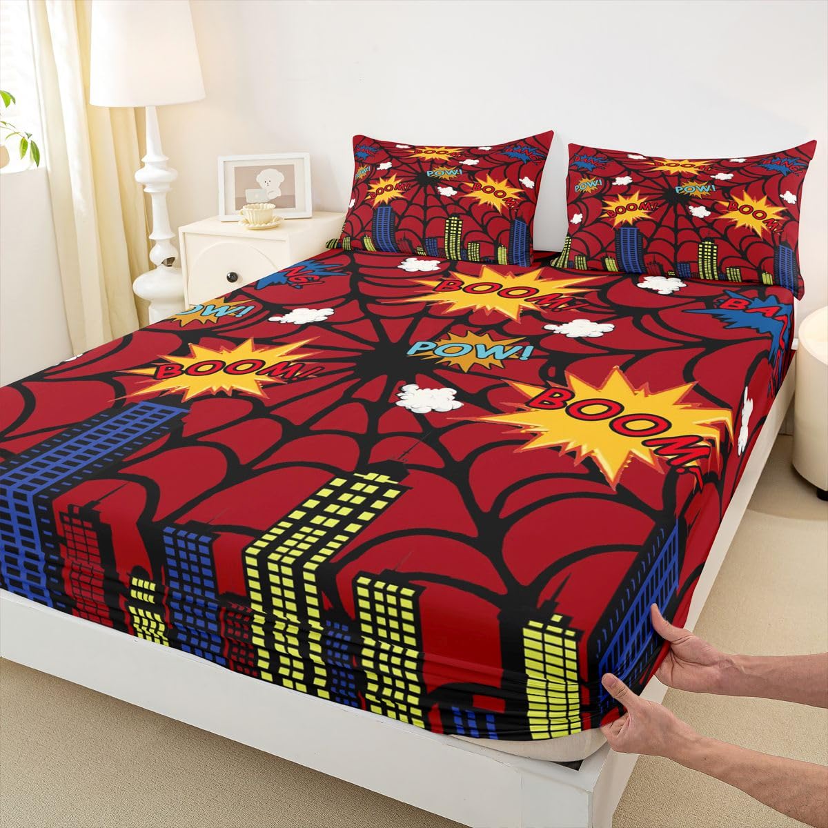 Sábana bajera ajustable de telaraña tamaño King (no plana), juego de ropa de cama de 3 piezas, diseño de edificio urbano de dibujos animados, decoración de habitación de niños y mujeres, sábanas con