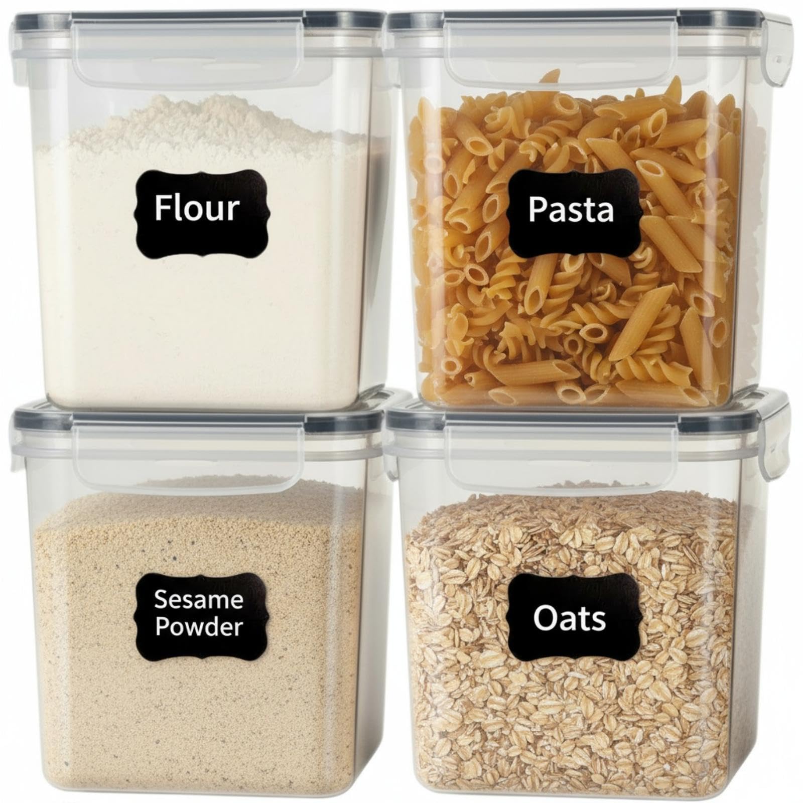 Set da 4 Contenitori Alimentari Ermetici 2,5L, Plastica Senza BPA per Cereali, Riso e Pasta con Coperchi, Include Etichette. (2,5L*4)