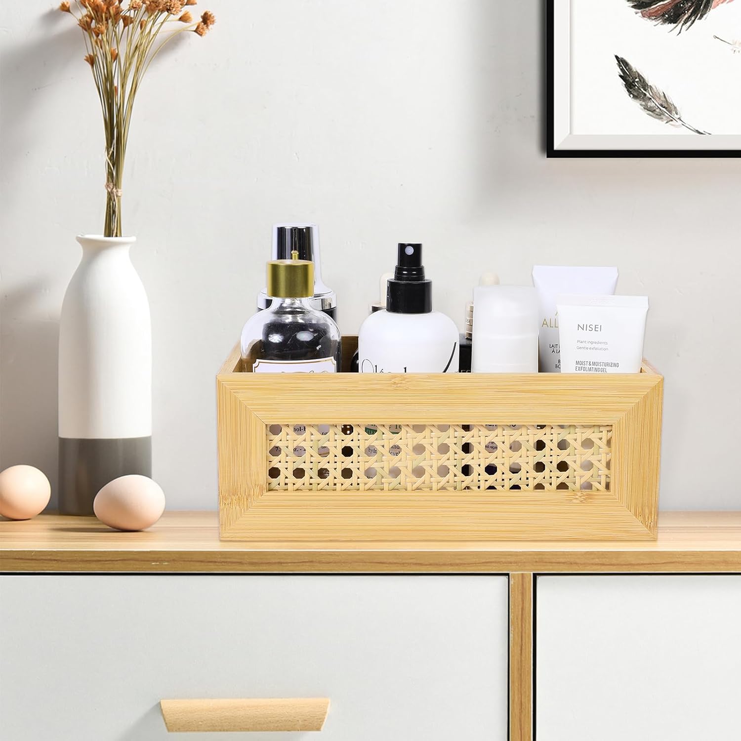 ANMINY Rattan Storage Basket Set of 3 Natural Bamboo Wooden Baskets with Handles Desktop Decorative Wicker Storage Basket Wood Nesting Crates Home Sundry Office Drawer Shelf Organizer