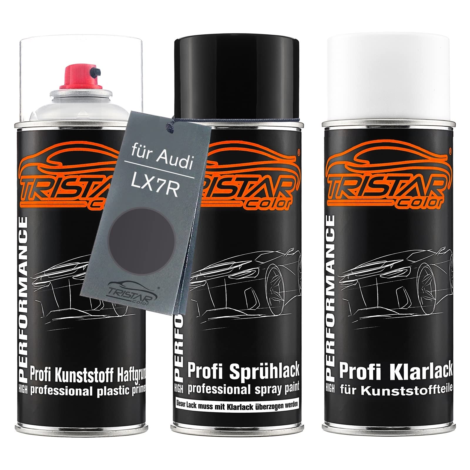 TRISTARcolor Vernice per auto Kit bombolette spray per paraurti di plastica per Audi LX7R Monsungrau Metallic base adesiva vernice di base vernice trasparente con plastificante