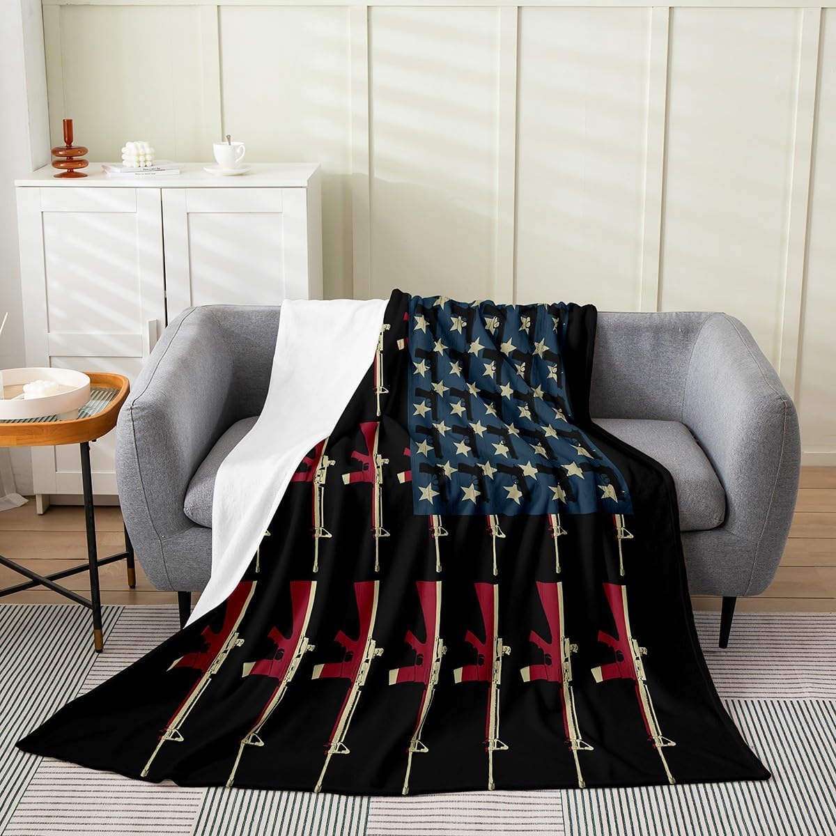 American Flag Bed Blanket Queen 90x90,Vintage Soldier Guns Blanket Military USA National Flag Throw Blanket Shooting Weapon Fleece Blanket Retro Army Weapons Stars and Stripes Theme Flannel Blanket
