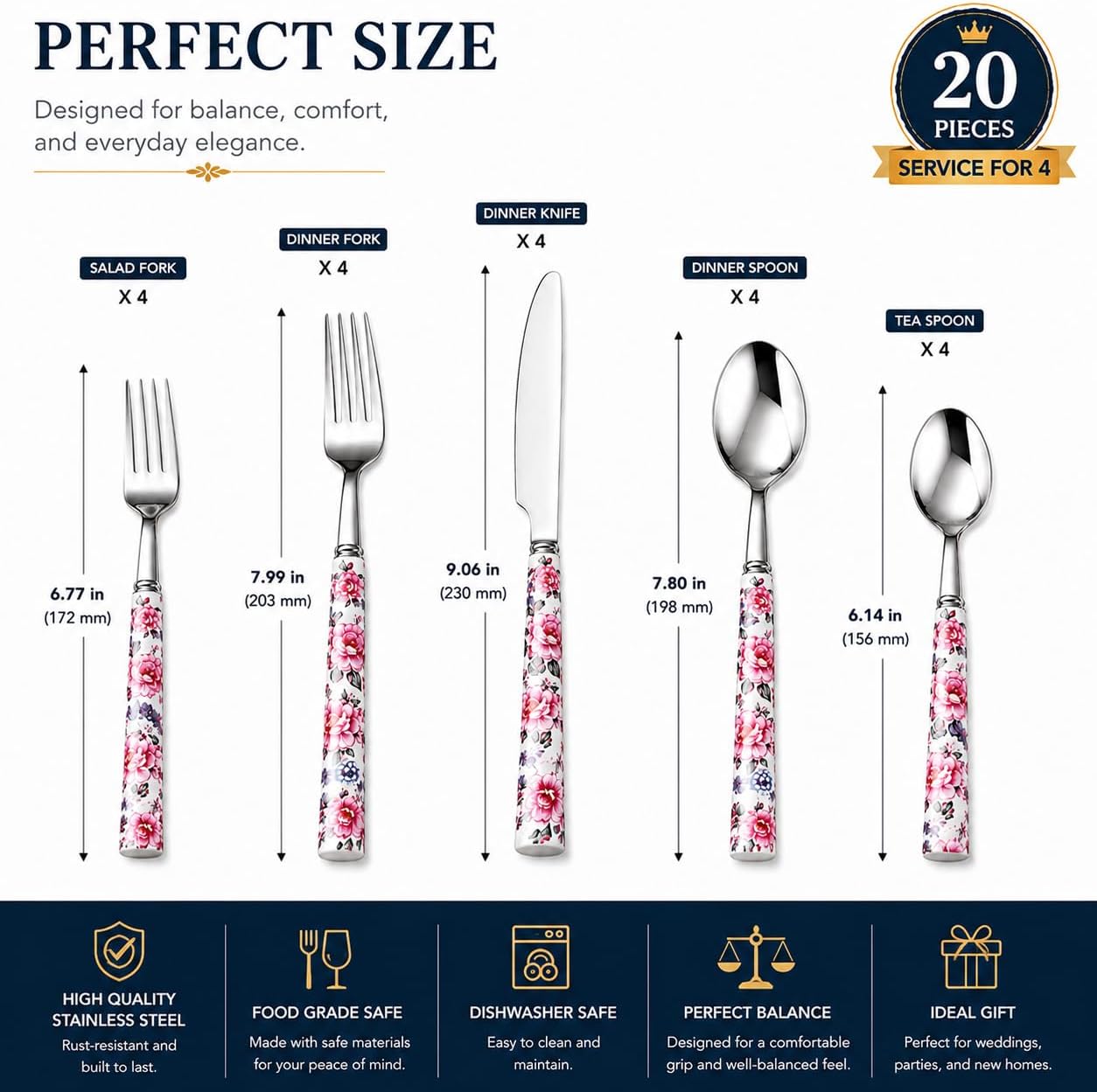 Elegant Peony Flower 20-Piece Stainless Steel Flatware Set – Durable, Modern Cutlery set, Service for 4 People, Perfect for Home, Weddings, Parties, and Everyday Use (Plastic Handle, Dishwasher Safe) image 2