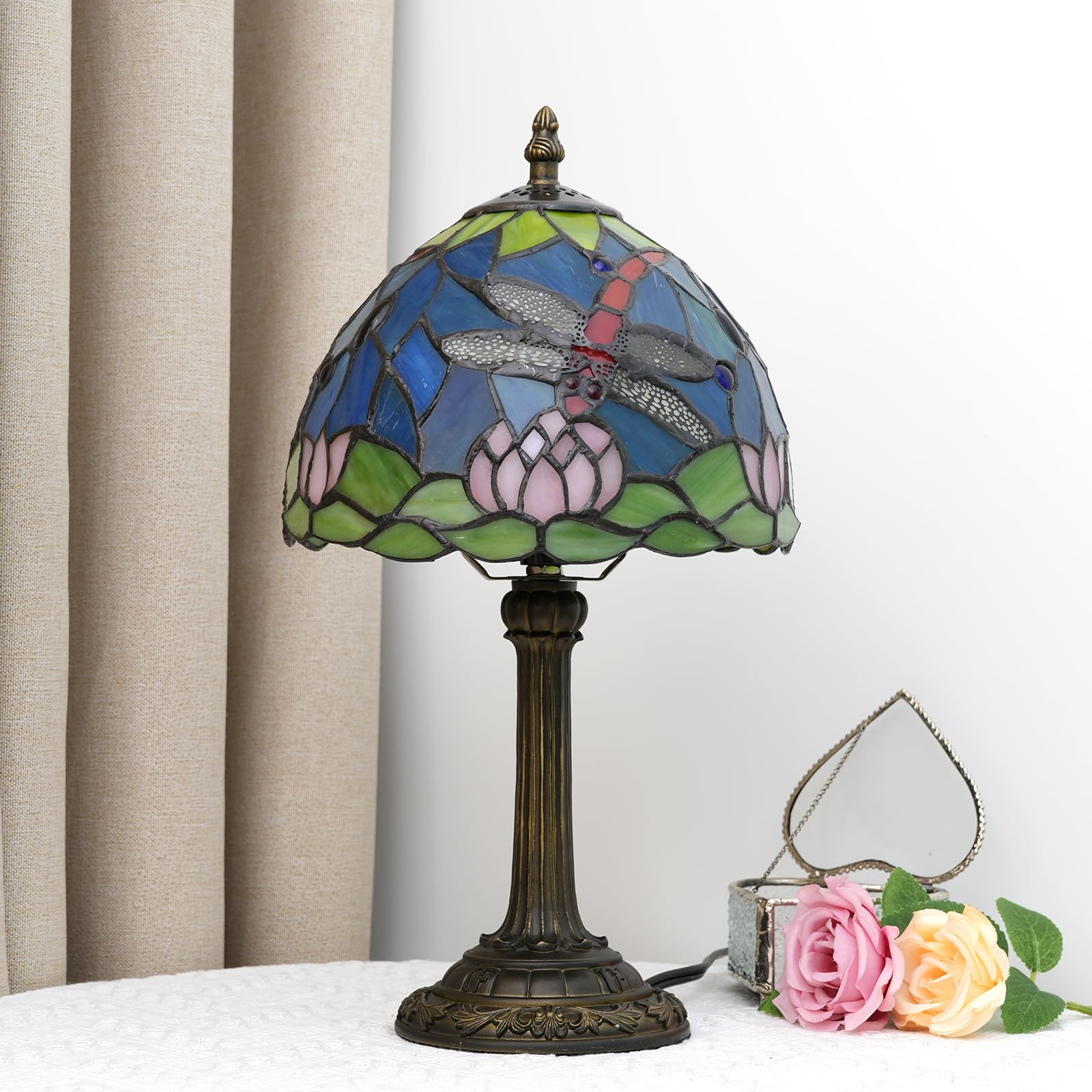 Lampada Tiffany di Vetro Colorato Fiore di Loto Dragonfly - Lampada da Tavolo per Soggiorno e Camera da Letto - Comodino Blu Piccolo - Luce Notturna Carina per Bambini