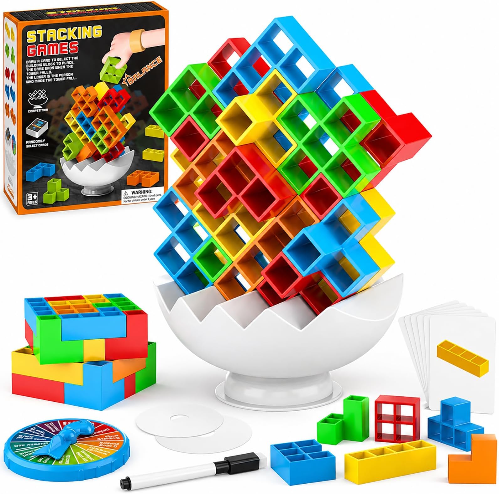 โ Balance Stacking Board Game, 70 Blocks, 2 Players, Kids & Adults, Ages 3+ | Rocking Base, Challenge Cards & Spinner, Family Game for Kids & Adults, Parties, Travel, Game Nights and Gifts