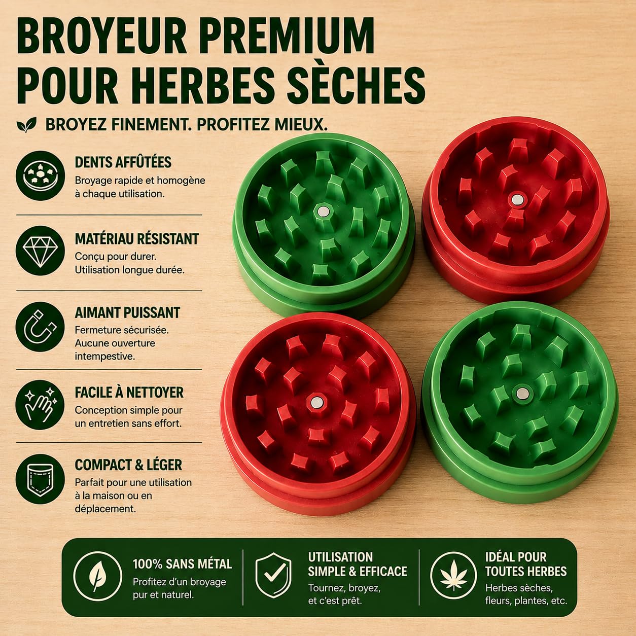 Grinder à Herbes Biodégradable – Broyeur Manuel en Plastique Biodégradable – Léger et Résistant – Dents Efficaces – Écologique, sans Métal – Idéal Herbes, Épices et Usage Quotidien (Rose)