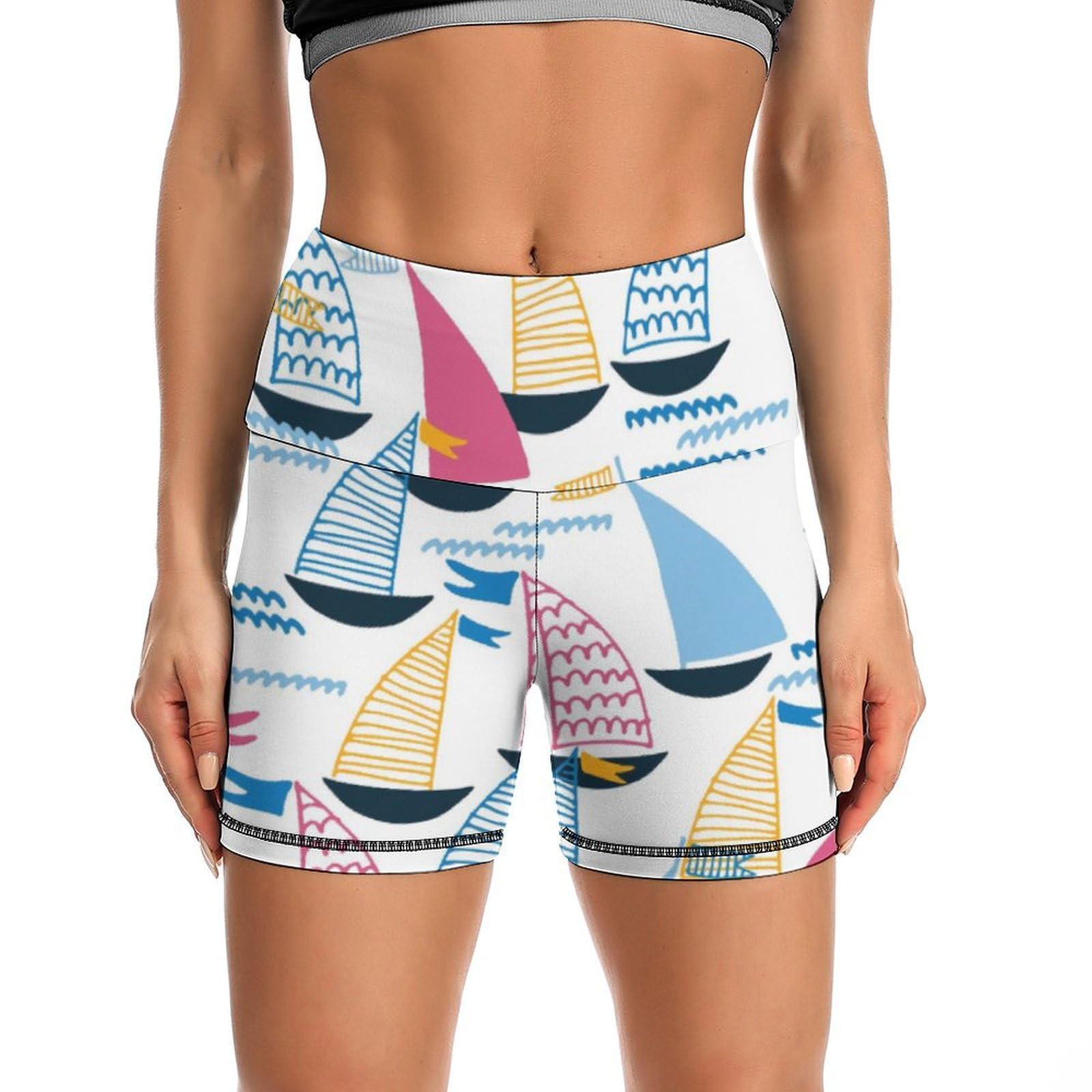JYYAU Cartoon Sailboat Pattern High Waist Yoga Shorts for Women Athletic Shorts Leggings Running Pants Black
