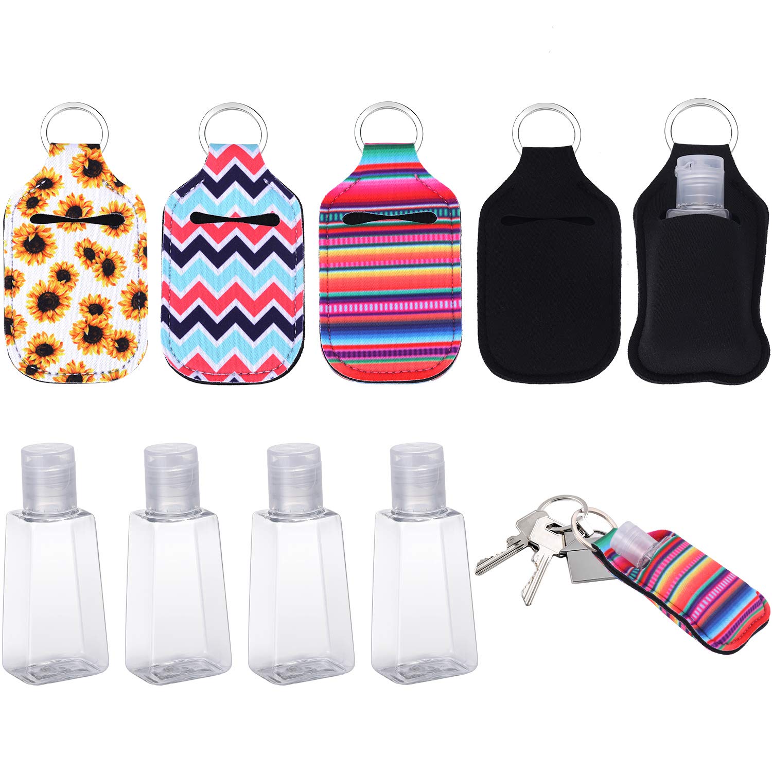 4 Pieces Refillable Bottles Keychain Holder Travel Bottle Key Chain Holders and 4 Pieces 30 ml Flip Cap Reusable Bottles Empty Plastic Bottles for Men Women Portable Using