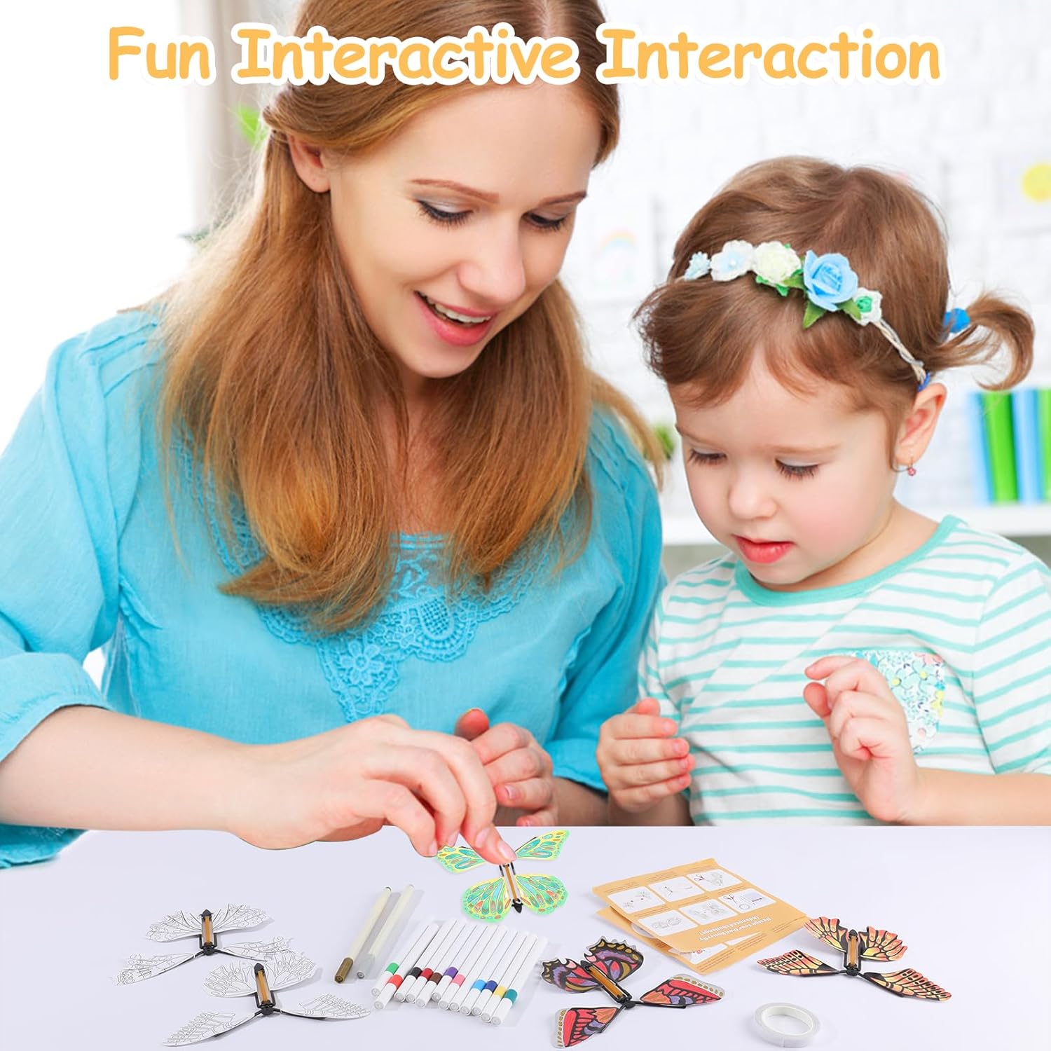Happy makers 36Pack DIY Flying Butterfly Craft Kit,24 Paper Butterflies and 12 Color Pens,Make Your Own Magic Butterfly Toy Rubber Band Wind up Perfect for Party Games,Surprise Cards