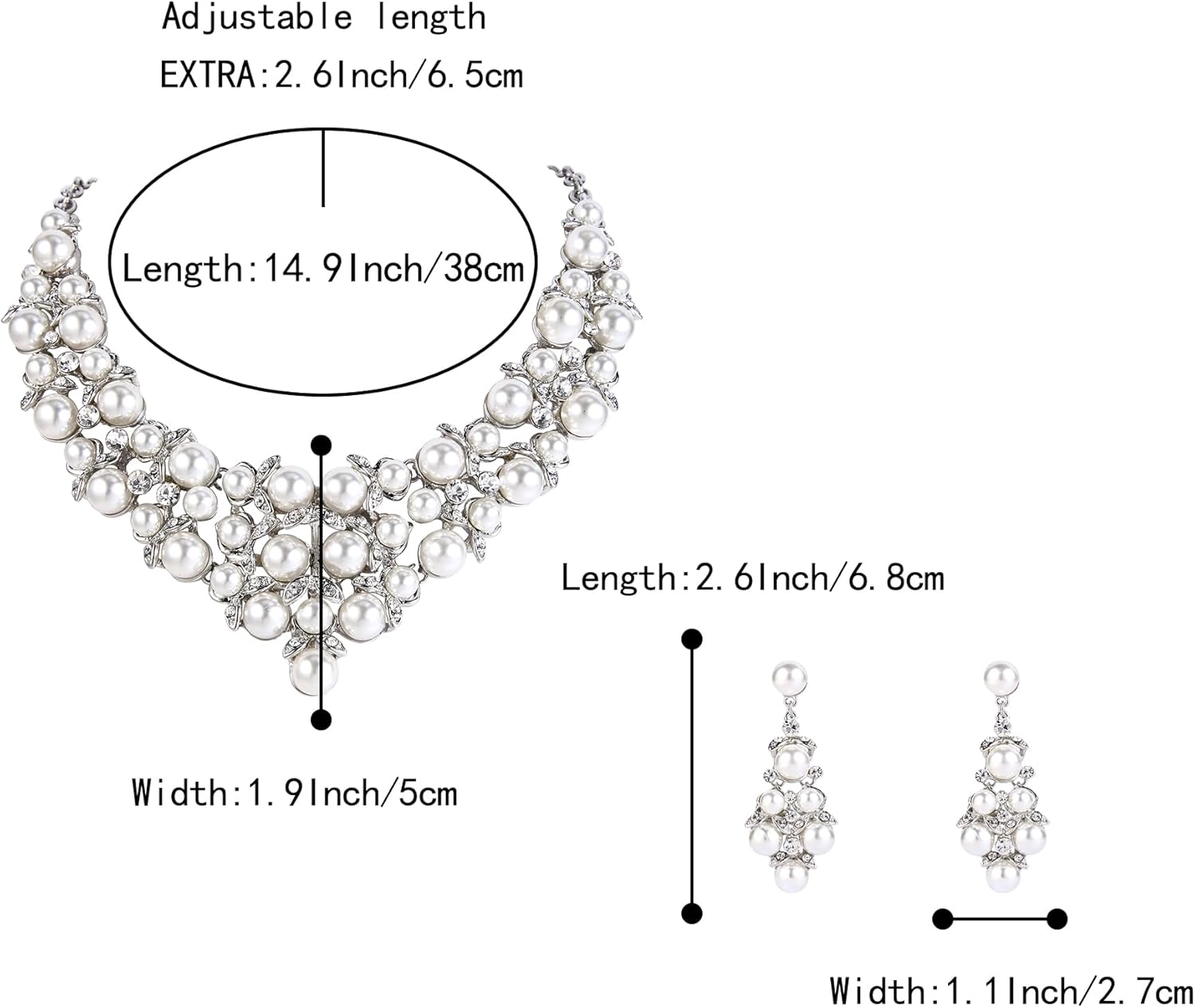 BriLove Women's Wedding Bridal Crystal Cream Simulated Pearl Cluster Statement Necklace Dangle Earrings Set