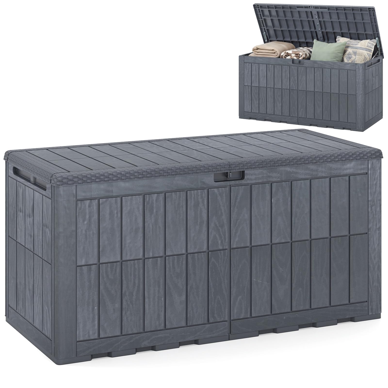 COSTWAY Garden Storage Box, Waterproof Resin Deck Box Bench with Lockable Lid & Handles, Grooved Texture Outdoor Patio Storage Container for Cushion Tool Toy (Gray,455L)