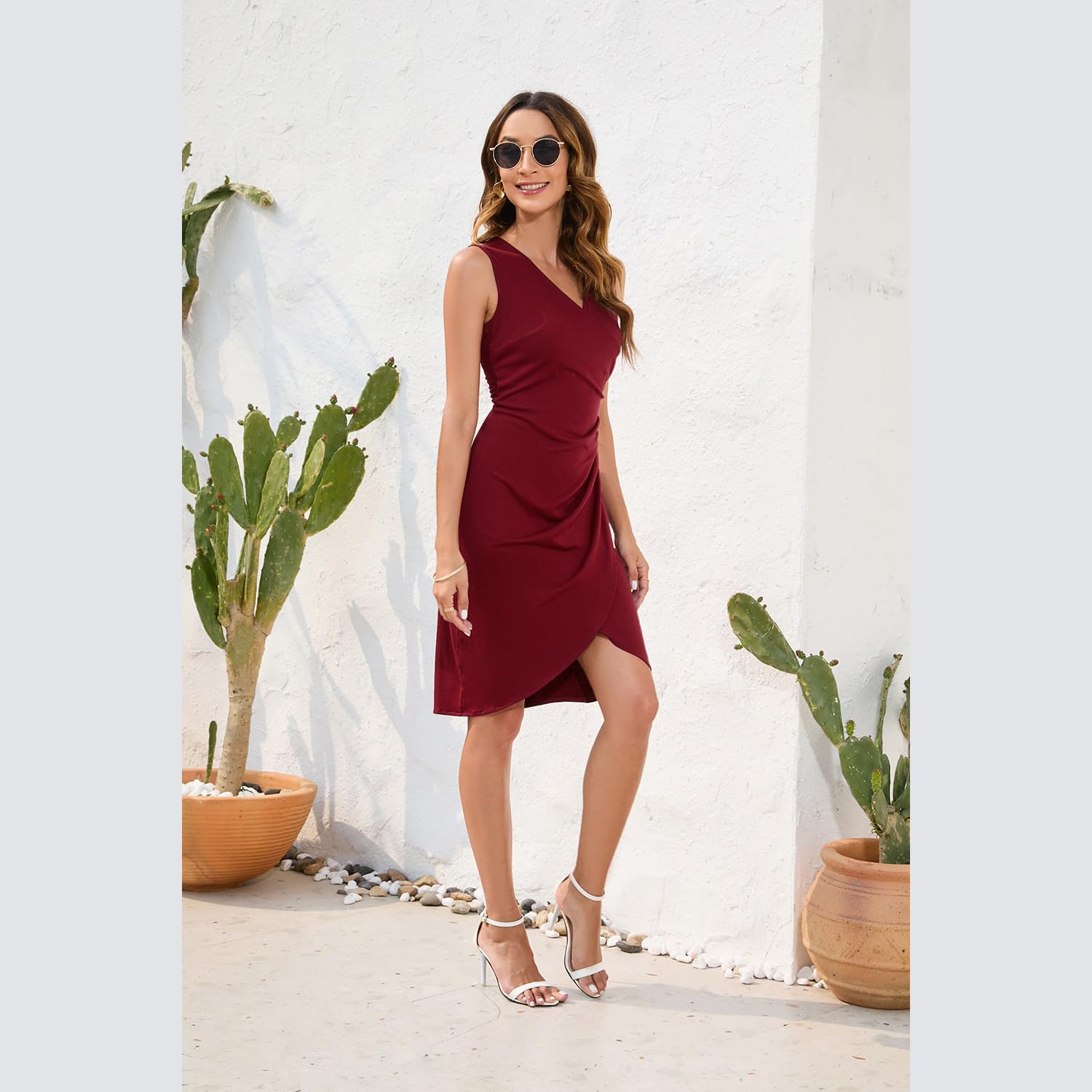 Vestido de Mujer Sexy con Cuello en V, sin Mangas, de imitación, Color sólido, Ajustado, Vestido Midi de Verano