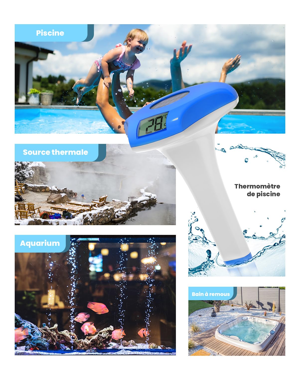 BALDR Thermometre Piscine flottant, à énergie solaire, étanche IPX8, convient pour piscine/jacuzzi/source d'eau chaude/aquarium (bleu profond)