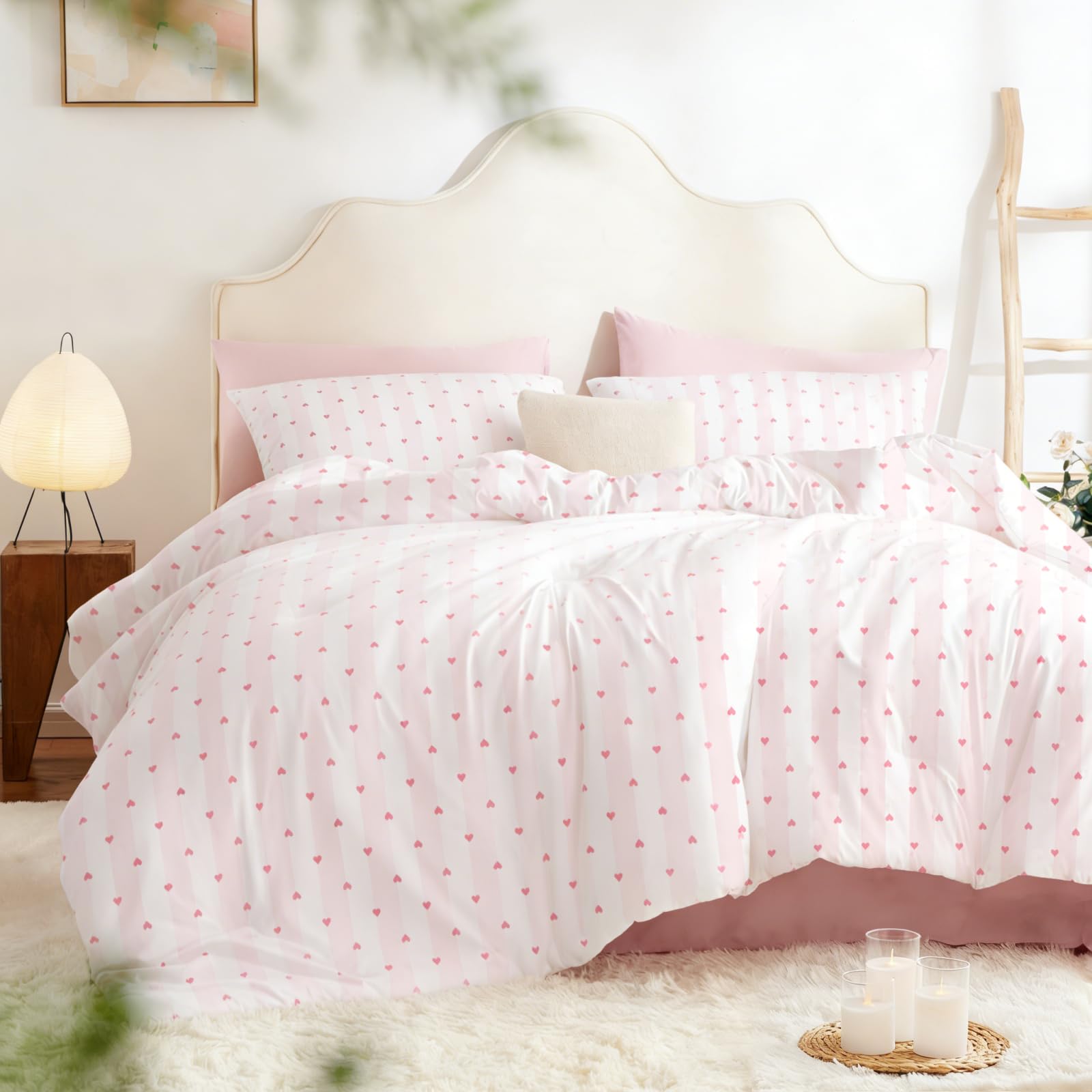 Tospass Herz Bettwäsche 135x200 Rosa Weiß Herzen Gestreift Bettwäsche Set