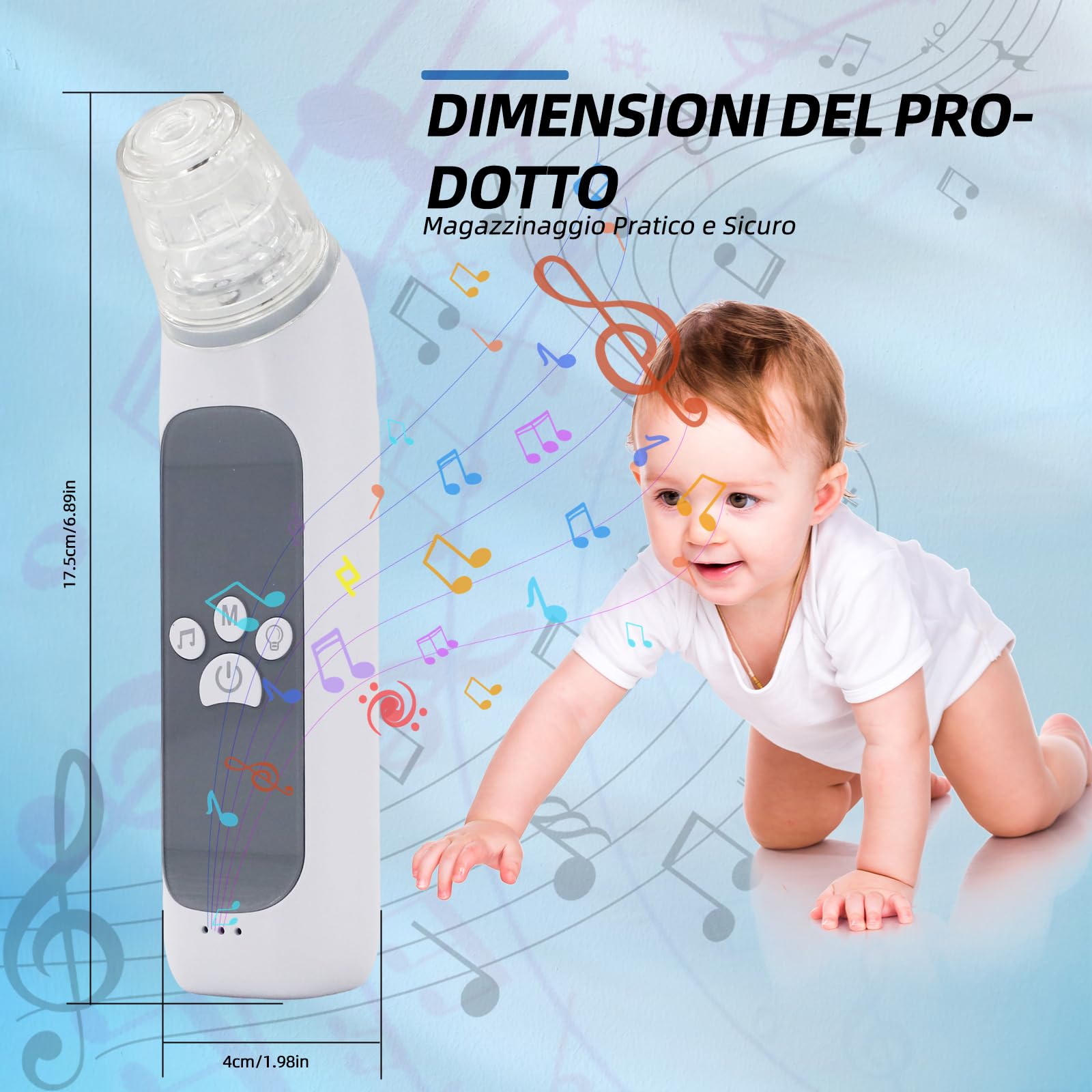 Aspiratore nasale elettrico ricaricabile con 3 livelli di aspirazione, 3 dimensioni in silicone, funzione musicale e luce (grigio)