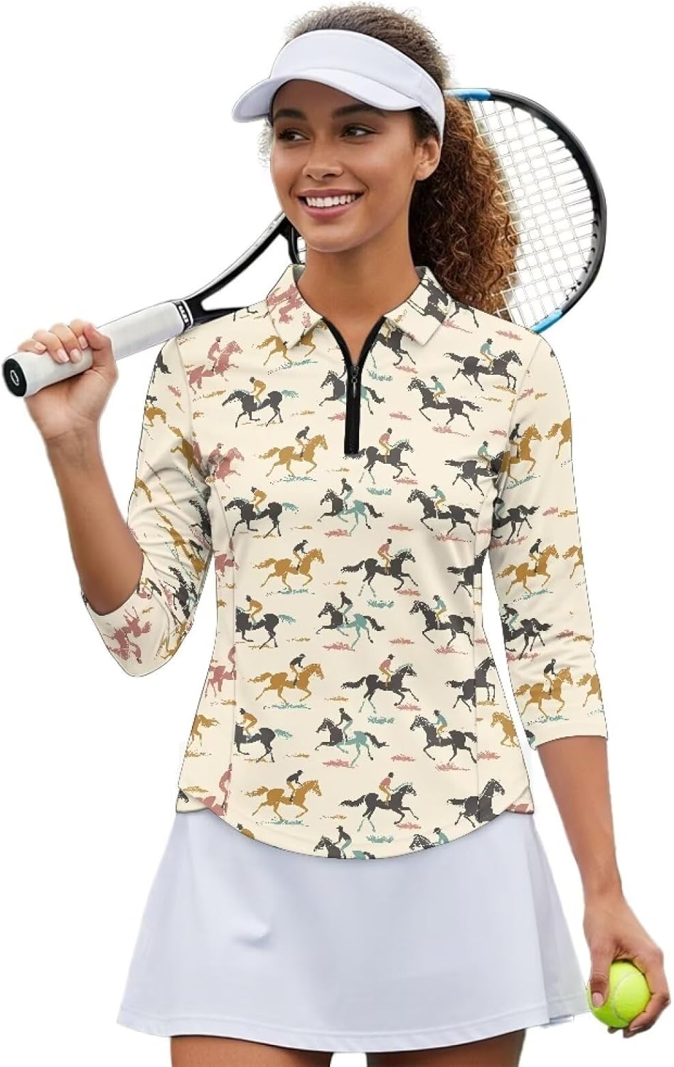 Tennis Polo Tops for Women 1/4 Zip Up V-Neck Golf Tops Smooth Breathable Running Workout 3/4 Sleeve Shirts