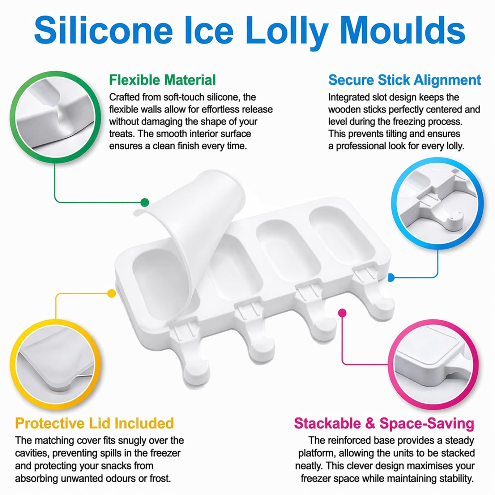 2 Piezas Moldes Helados Silicona, con 2 Tapas 50 Palos Molde Helado Reutilizable sin BPA para Hacer Helados Caseros Moldes Chocolate Bricolaje Postre para Adulto Infantiles Blanco