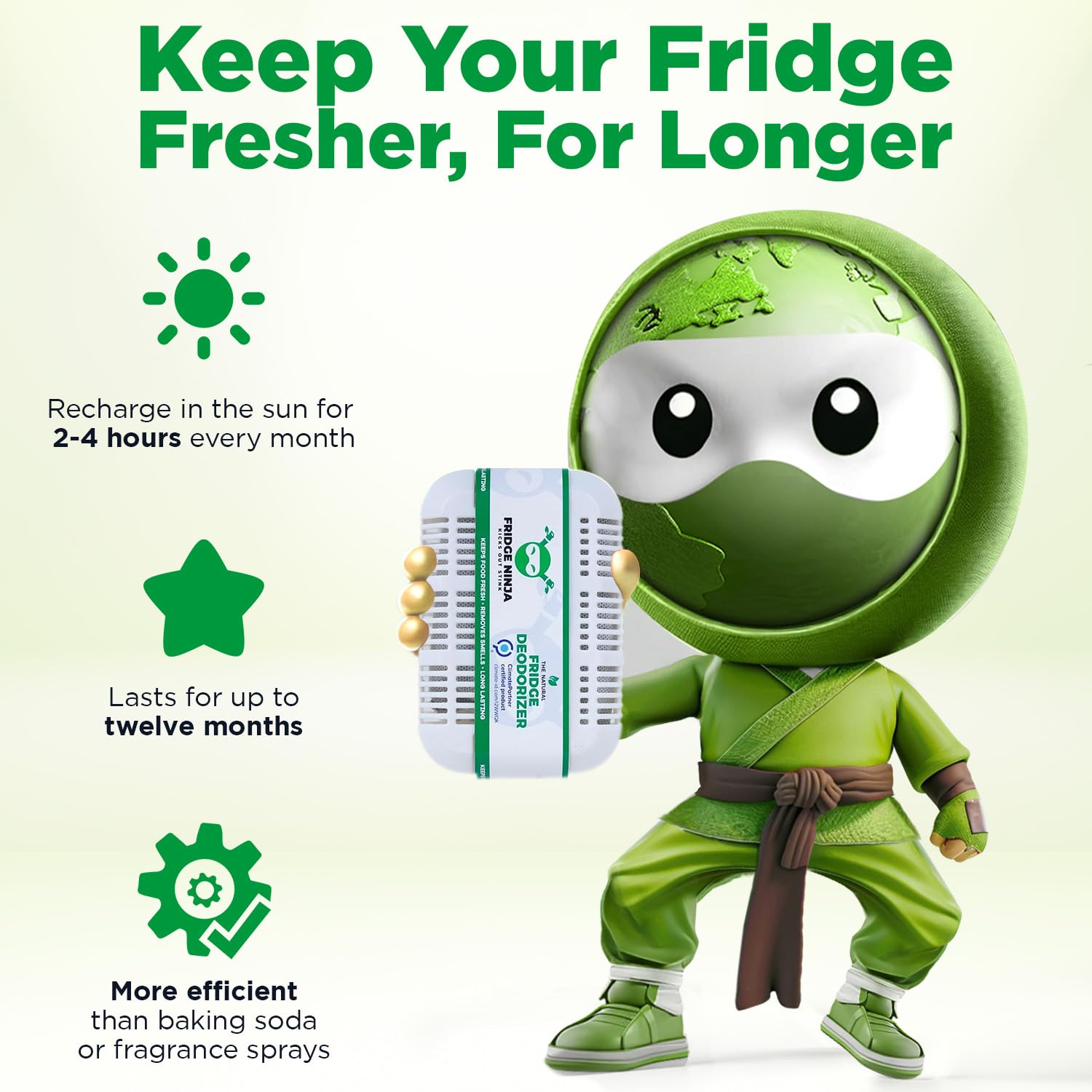 Fridge Ninja - Desodorante y ambientador para nevera, carbón activado natural sin perfume, dura 12 meses, eliminador de olores, absorbente de olores, accesorios para nevera para frescura, tamaño XL