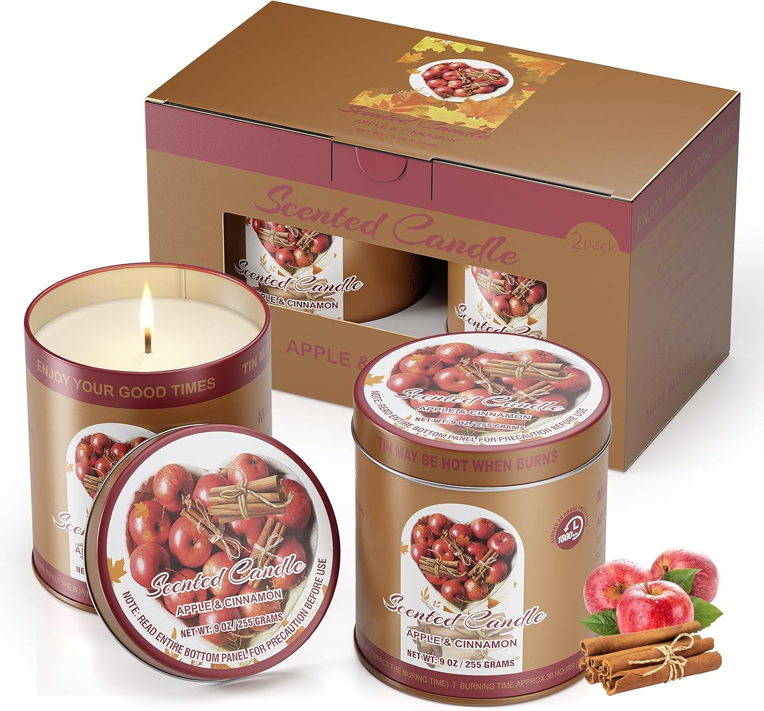 2 Pack Scented Candles (90 Total Burn Hours) – Soy Wax Candles 9 oz Each in Tin – Long Lasting Aromatherapy Candle Gift Set (Apple Cinnamon)