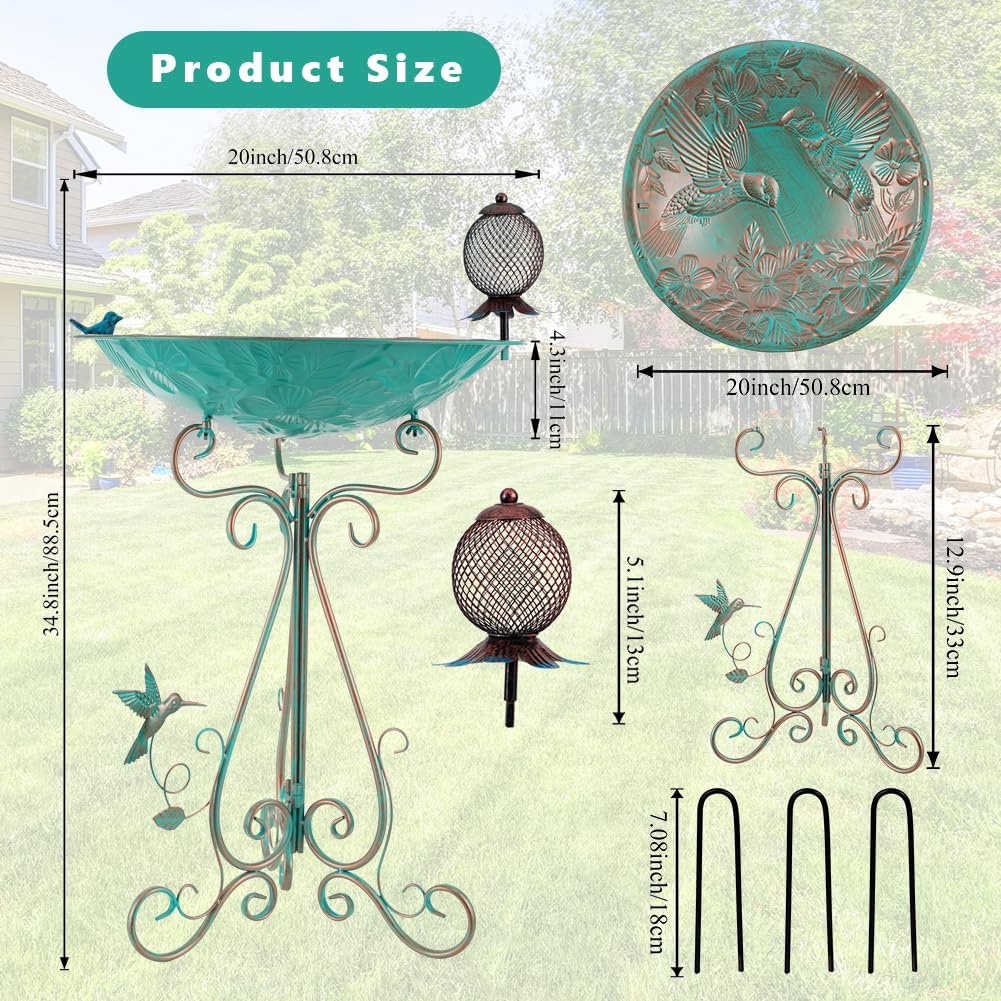 VEWOGARDEN Large Metal Standing Bird Bath and Feeder Combo with Folding Bracket for Outside Garden Yard Patio Decoration, Green