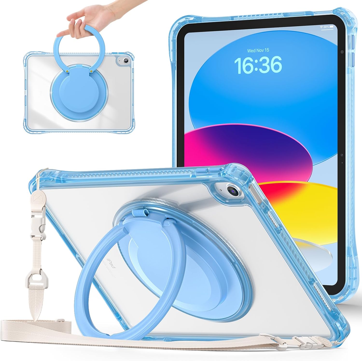 for iPad (A16) 11th / iPad 10th Generation Case with 360° Rotating Ring Kickstand, Shoulder Strap, Pencil Holder, 2 in 1 Protective Clear Back Cover for iPad 2025 11 inch/iPad 2022 10.9 inch, Blue
