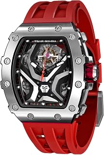 Automatic Watch for Men, 50M Waterproof Tonneau Mens Watches, Luxury Mechanical Skeleton Analog Watches, Silicone Watch Bands Black Watch, Christmas Gifts for Men