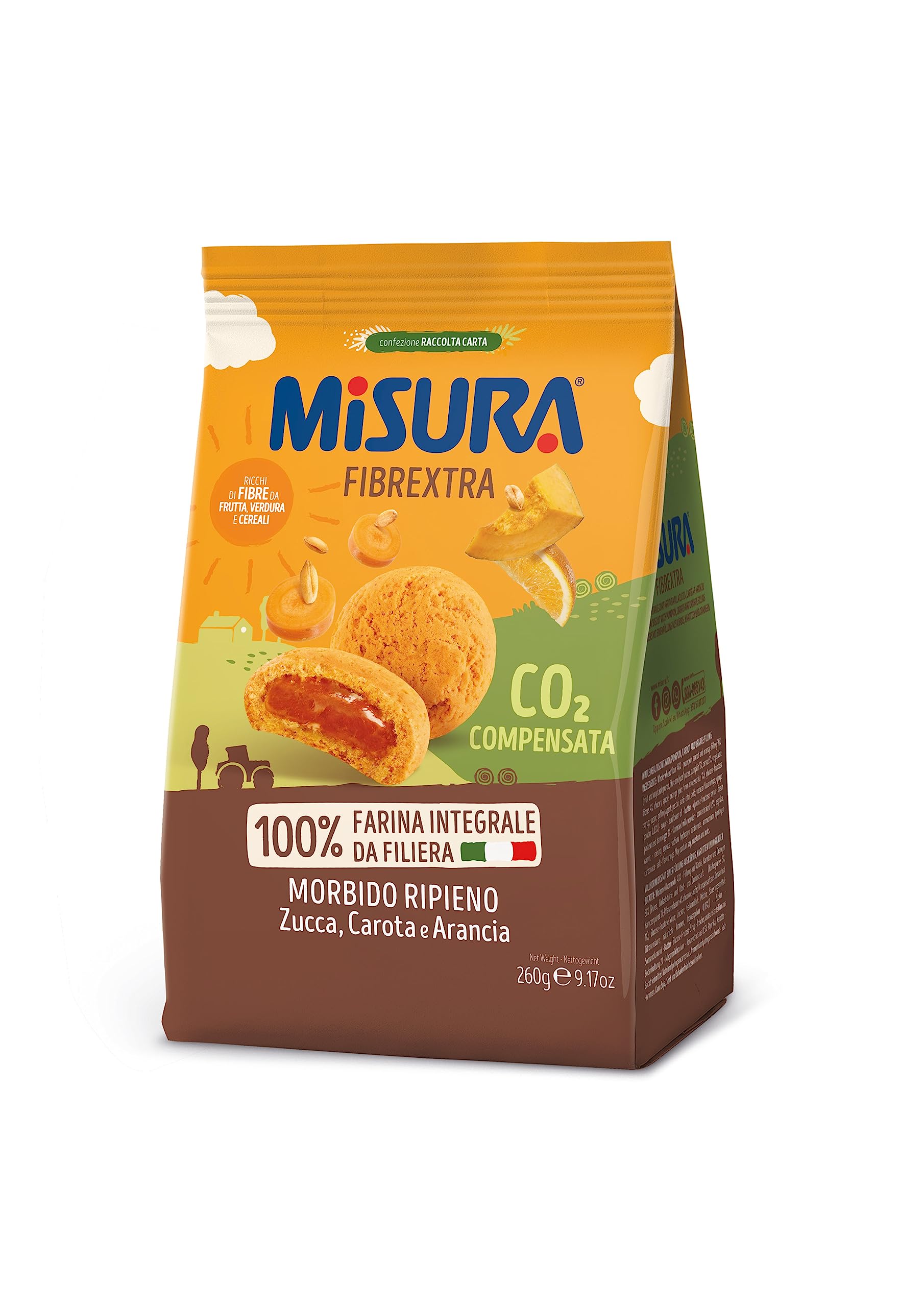 Misura Frollino Integrale Fibrextra | Con farcitura alla zucca, carota e arancia | 100% Farina Integrale | Confezione da 260 grammi