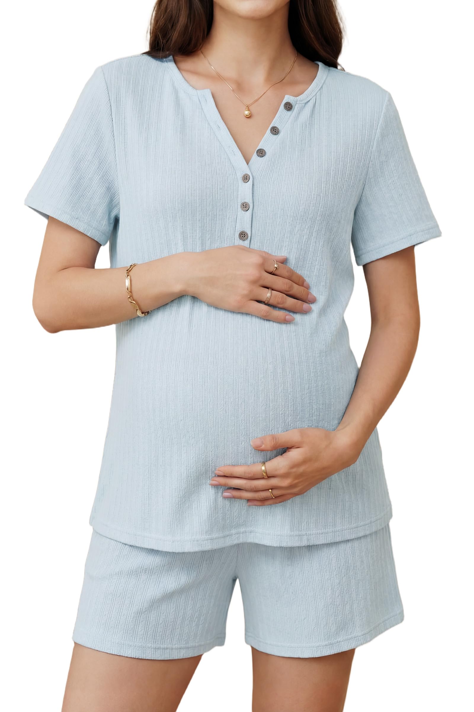OUGES Womens 100 Cotton Maternity Nursing Pajamas Set Short Sleeve Henley Top and Shorts 2 Piece Pjs Comfy