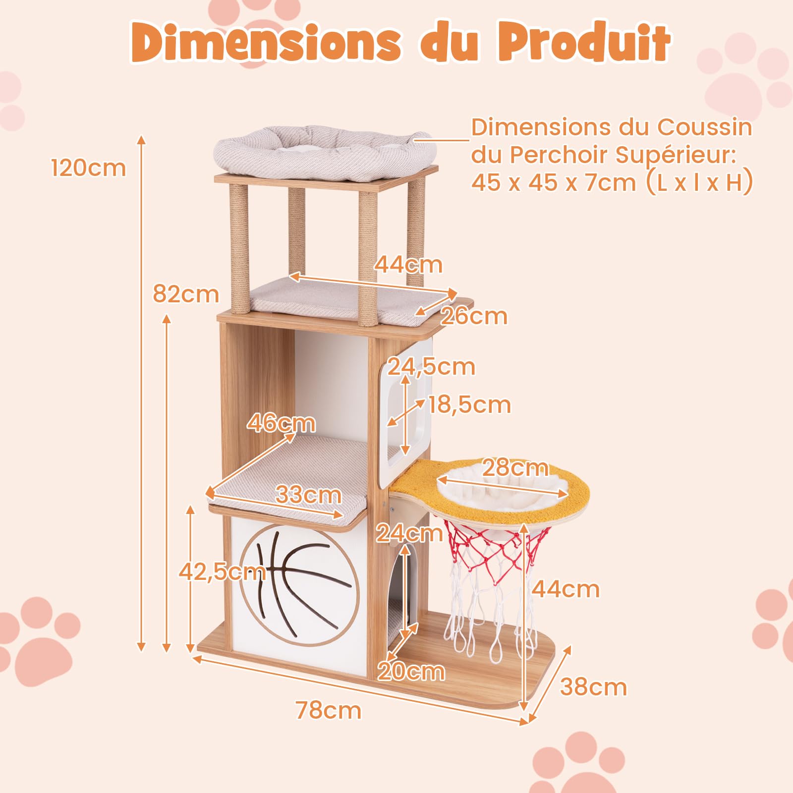 COSTWAY Arbre à Chat en Bois 120 cm - Design Sportif avec 4 Griffoir en Jute, 2 Condos, 2 Plateformes, Panier, Coussins Amovibles et Fourrure de Faux Lapin