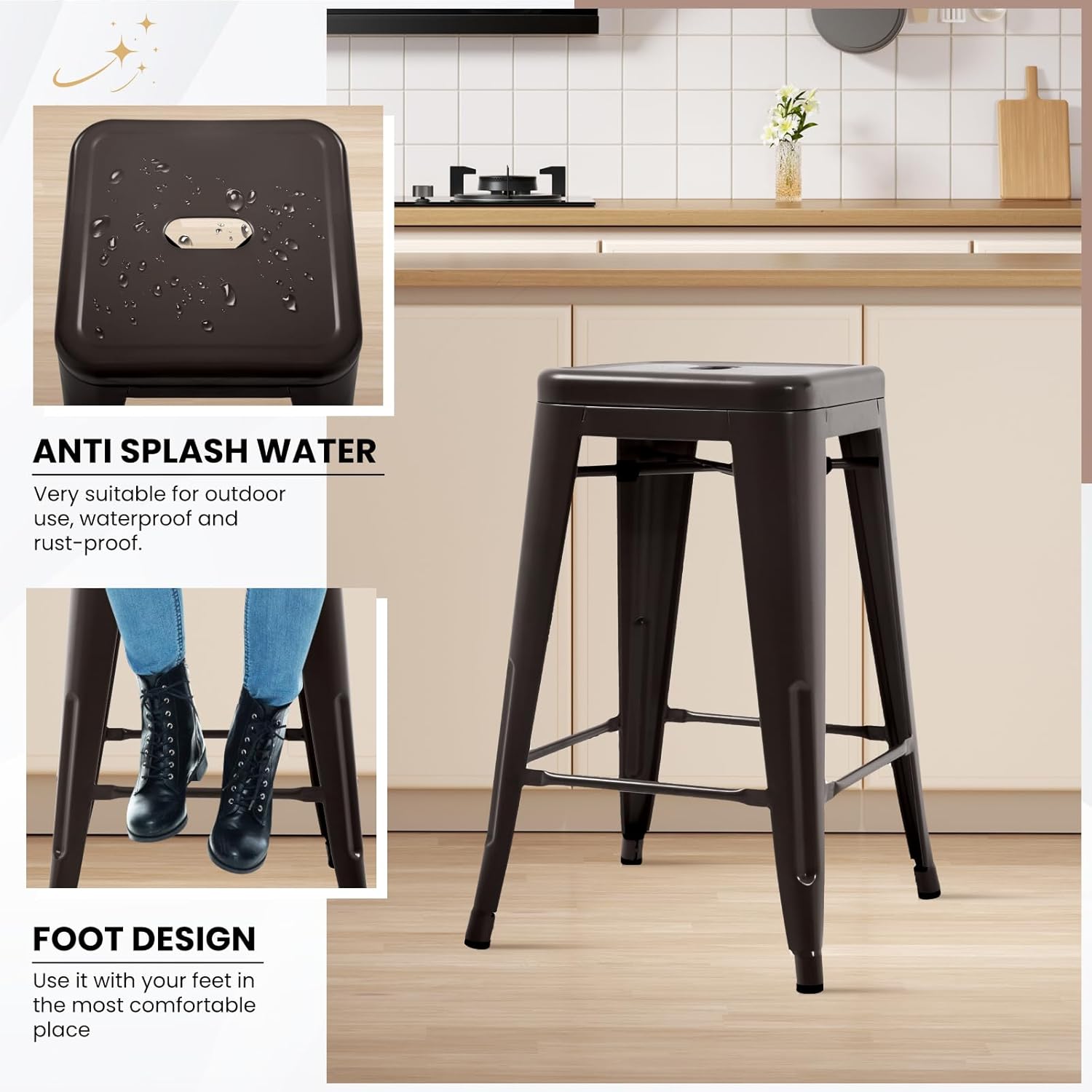 Bar Stools Set of 4, 24 Inches Metal Bar Stools with X-Shaped Reinforced Design, Rubber Footpads & Handling Hole, Stackable Stools for Kitchen, Dining Room, Pub, Bronze