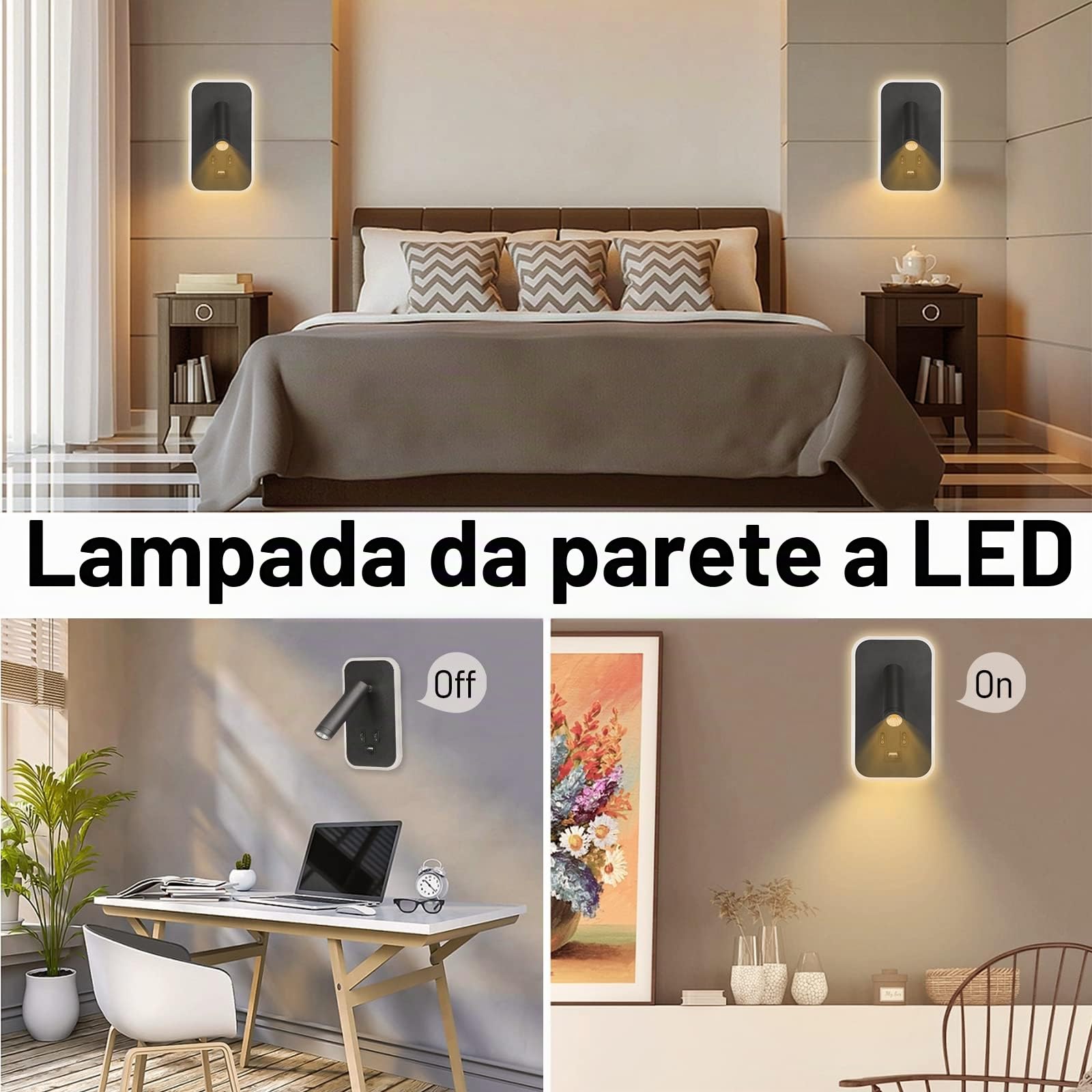 Lampada da comodino, 2 x applique da parete a LED con interruttore e ricarica USB, 3 W + 9 W, 3000 K, fissaggio a parete, faretto girevole, luci da parete, letto, lampada da parete, corridoio
