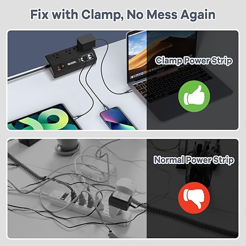 Miniatura 5 de Regleta de alimentación con abrazadera de escritorio, estación de carga rápida USB C de 20 W, cable de extensión de enchufe plano de 10 pies con 4