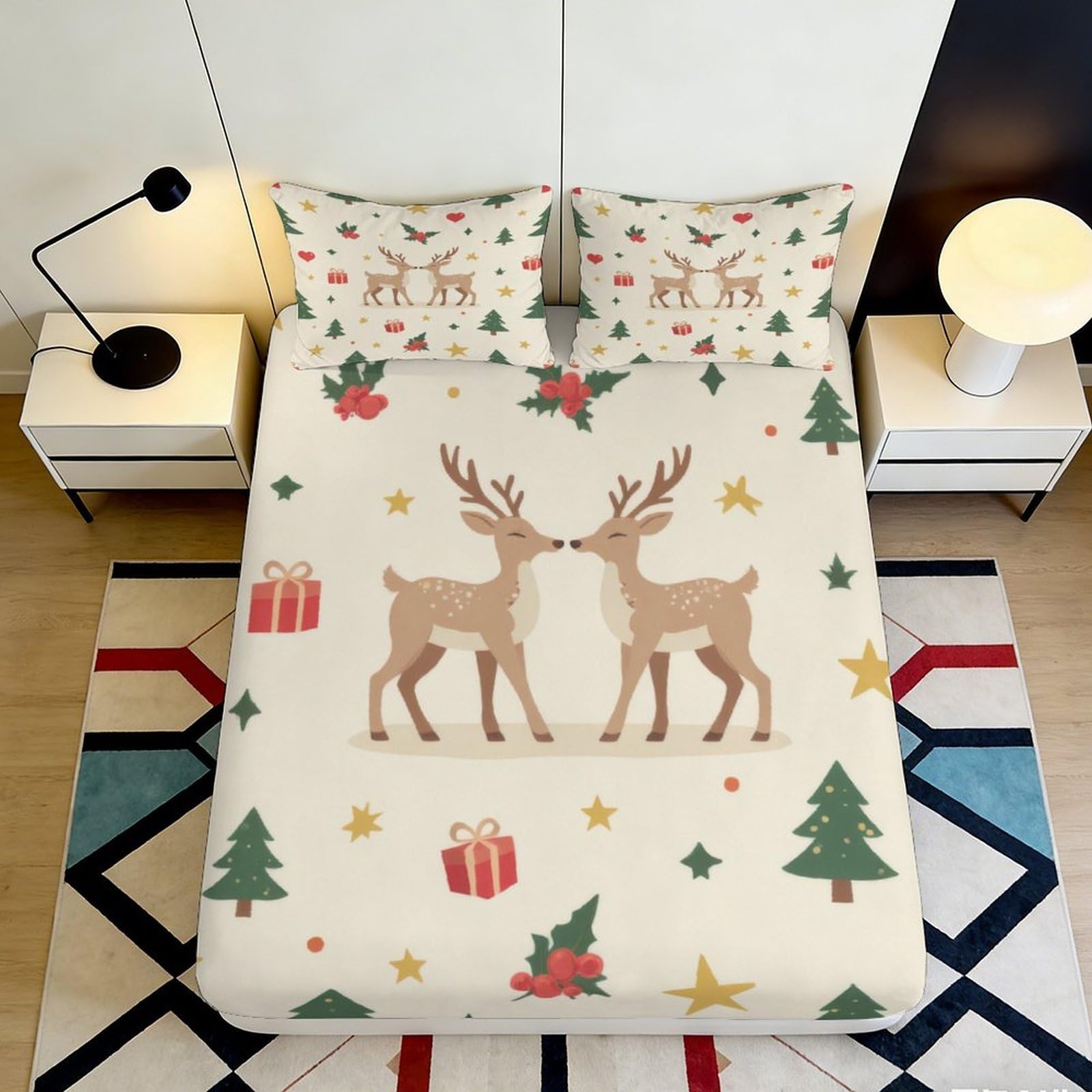 3D Printed Christmas Reindeer Fitted Sheet Microfiber Soft Festive Tree Bed Cover for Bedroom Guest Room Decor 90x200x25cm