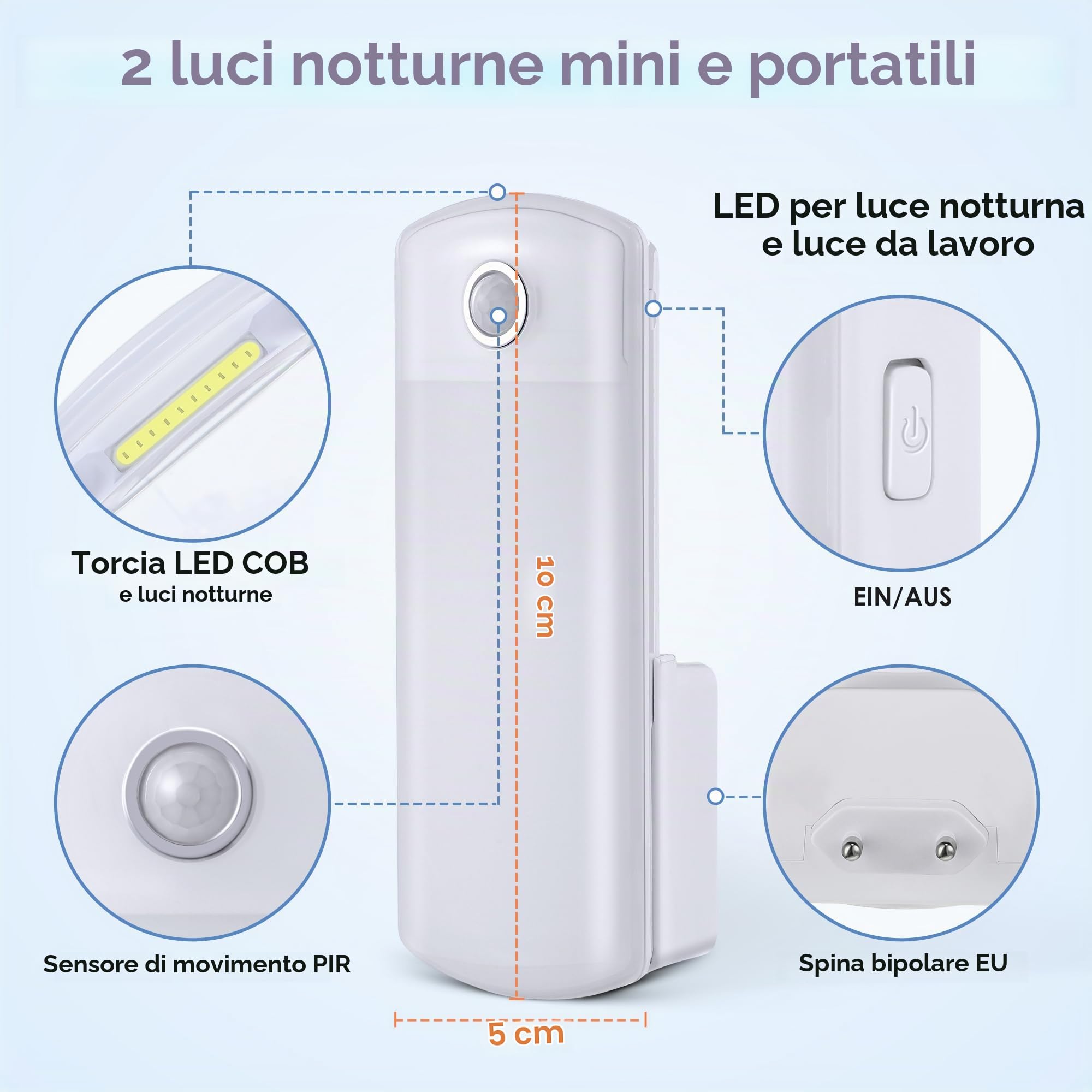 Enhon 2 Luci Notturna a LED con Sensore di Movimento Illuminazione Notturna Staccabile con Spina EU con Batteria Torcia da Muro 4 in 1 con Rilevatore Movimento per Interruzione Corrente Emergenza