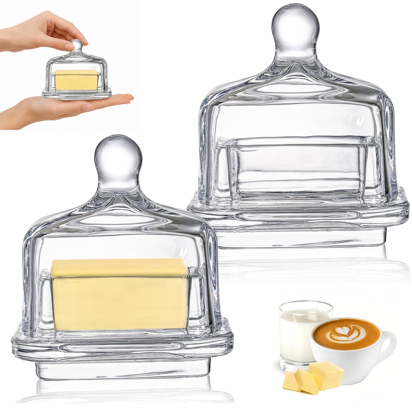 Dicunoy 2 Pack Glass Butter Dishes with Lid, Small Rectangle Butter Keeper Containers, Mini Clear Butter Dish with Handle, Crystal Butter Bell for Mayo, Jelly, Jam, Candy