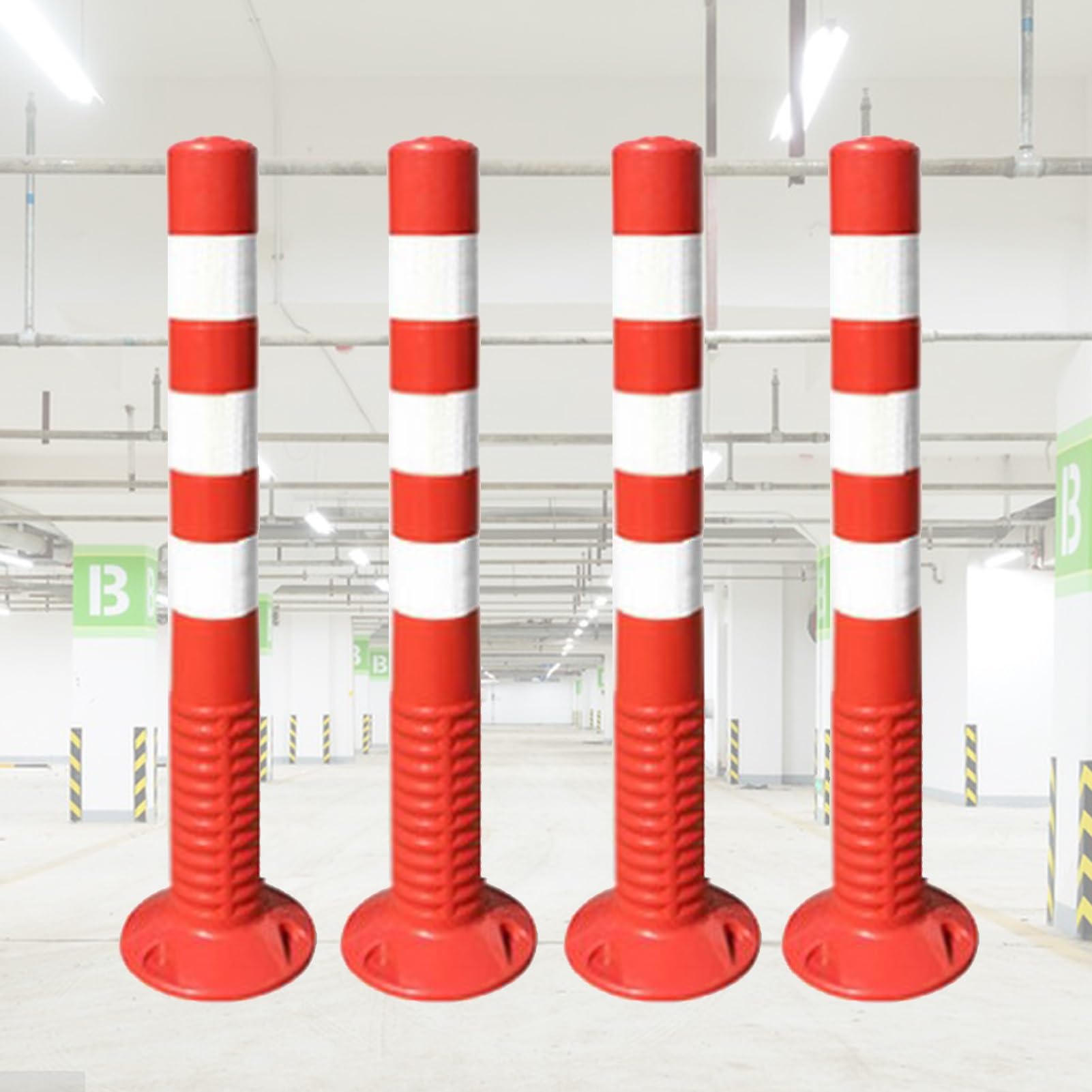 Parking Barrier, Plastic Safety Bollard Post 4 Pack, Flexible Parking Space Blocker, Driveway Road Garage Lot Warning Barrier Cones, 76Cm / 30In Height H H,Yellow An,Red and White-76cm (30in) H