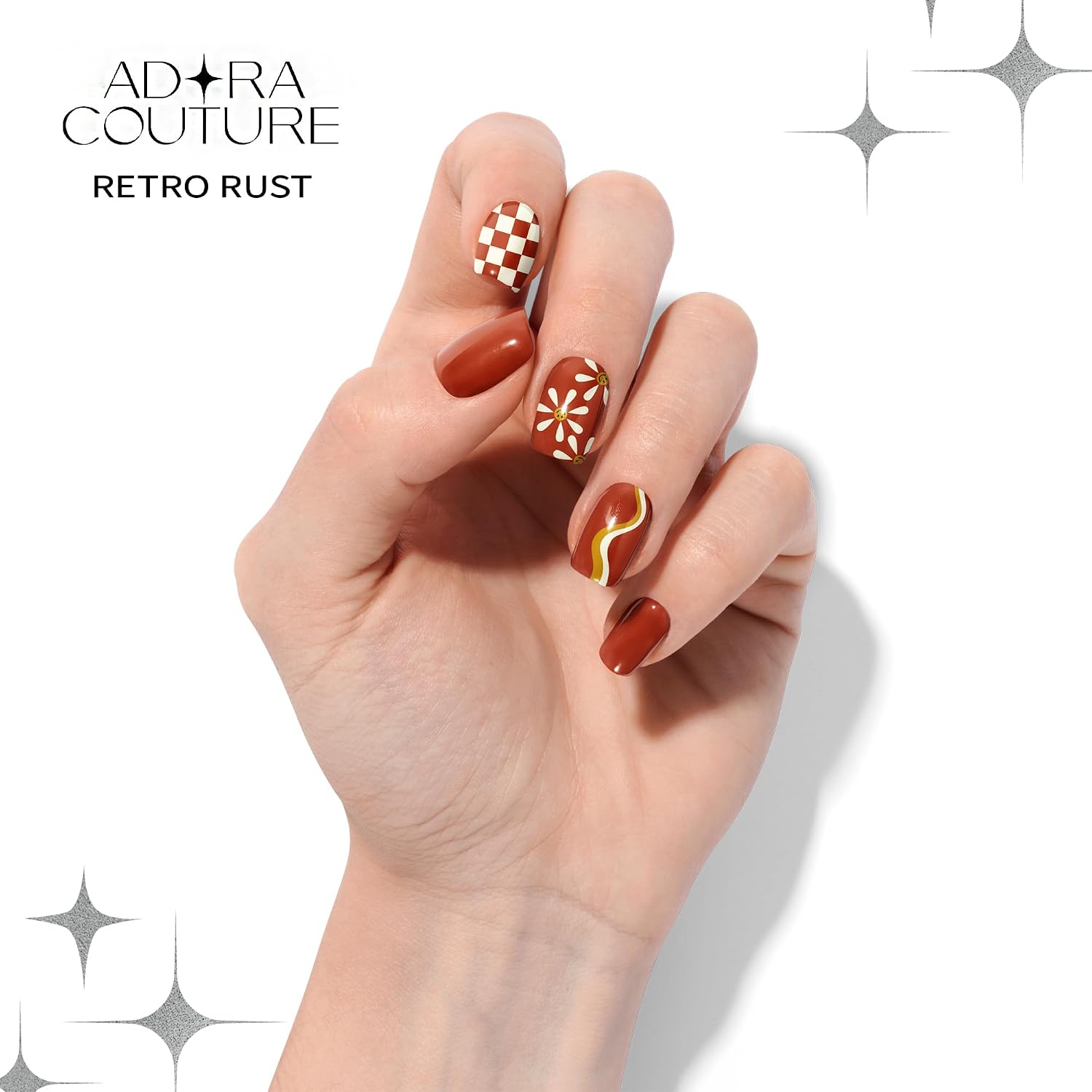 Adora Couture Semi Cured Gel Nail Strips with 30 Pieces - UV Gel Stickers, Manicure Kit, Easy Application Wraps Includes Prep Pads, Nail File, Wooden Stick - UV Light Required (Retro Rust)