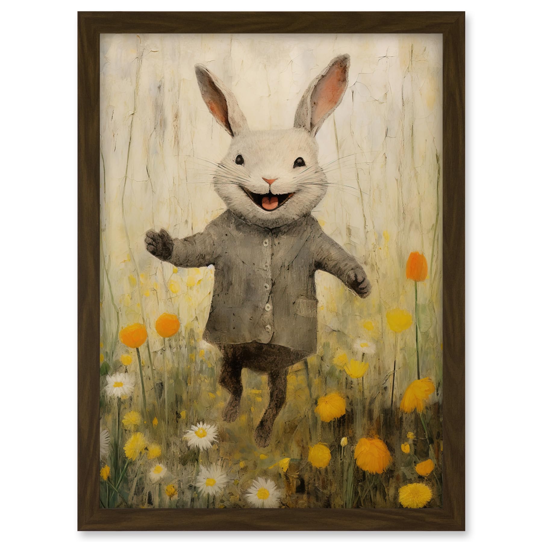 Artery8 Raincoat Rabbit Happy Bunny Flower Meadow Kids Girls Bedroom Nursery Artwork Framed A3 Wall Art Print