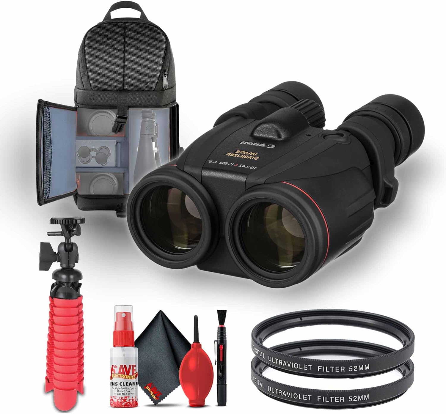 Canon 10x42 L is WP Image Stabilized Binoculars 6.5 Degree Angle of View (0155B002) + 2 x UV Filter + Backpack + Flexible Tripod + Cleaning Kit