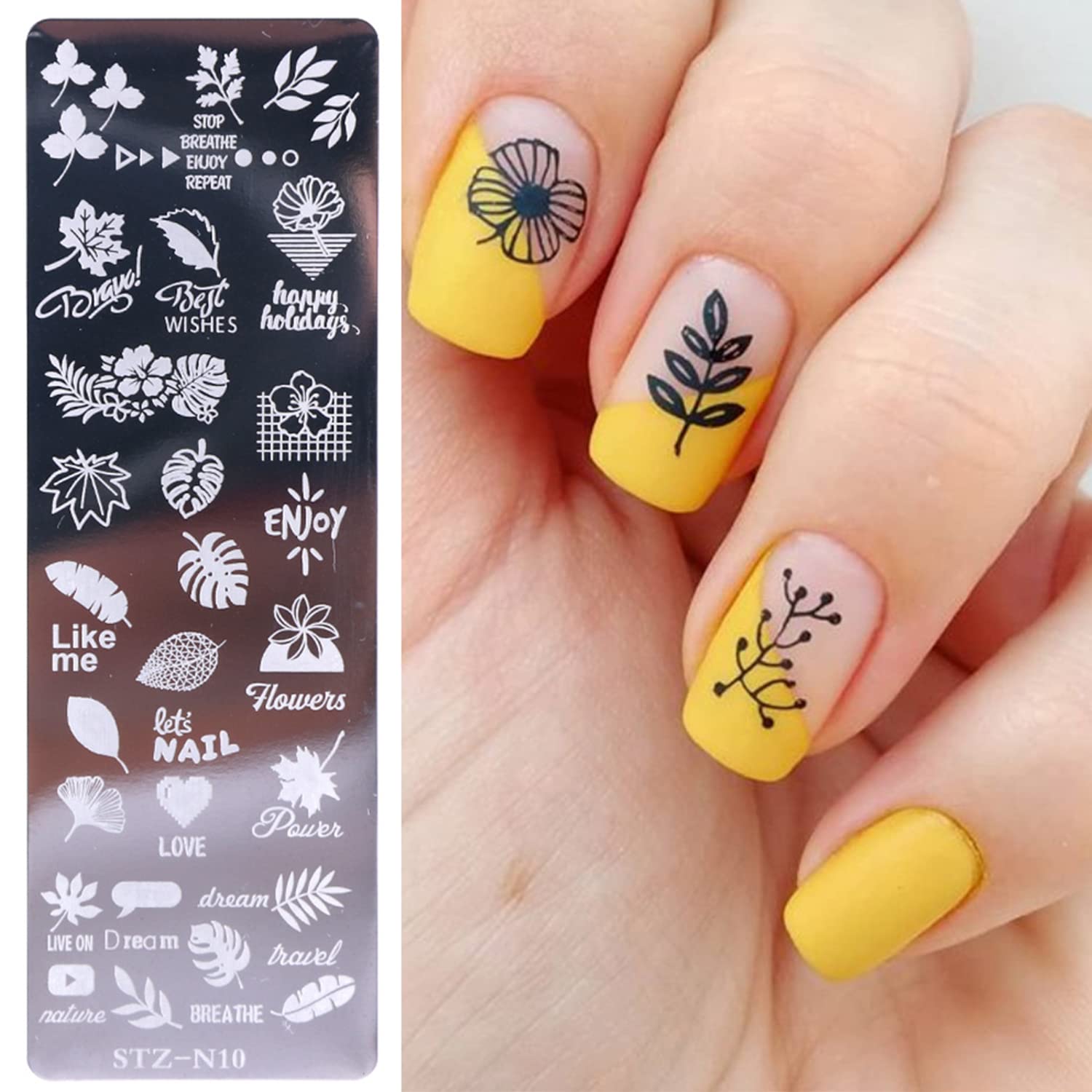 Set di 6 piastre per nail art, con 1 timbro trasparente, 1 raschietto (acchiappasogni, erba, motivi, foglie, coniglio, gatto)