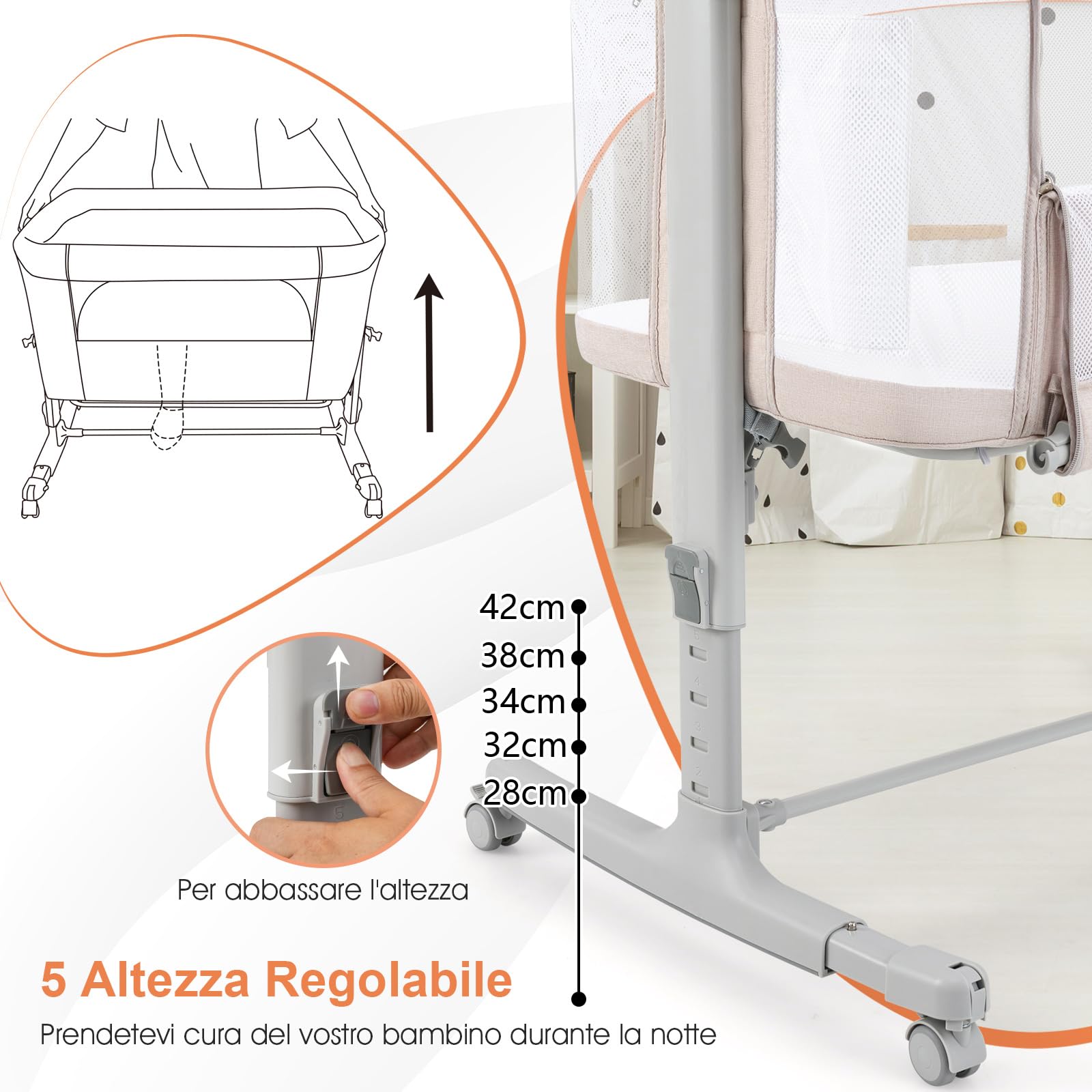 RELAX4LIFE 3 en 1 Cuna Colecho con Altura Ajustable en 5 Posiciones, 4 Ruedas Bloqueable y Ajustable, Cuna Bebe con Colchón Acolchado y Correa de Sujeción para Niños 0-6 Meses, Carga 9kg (Beige)