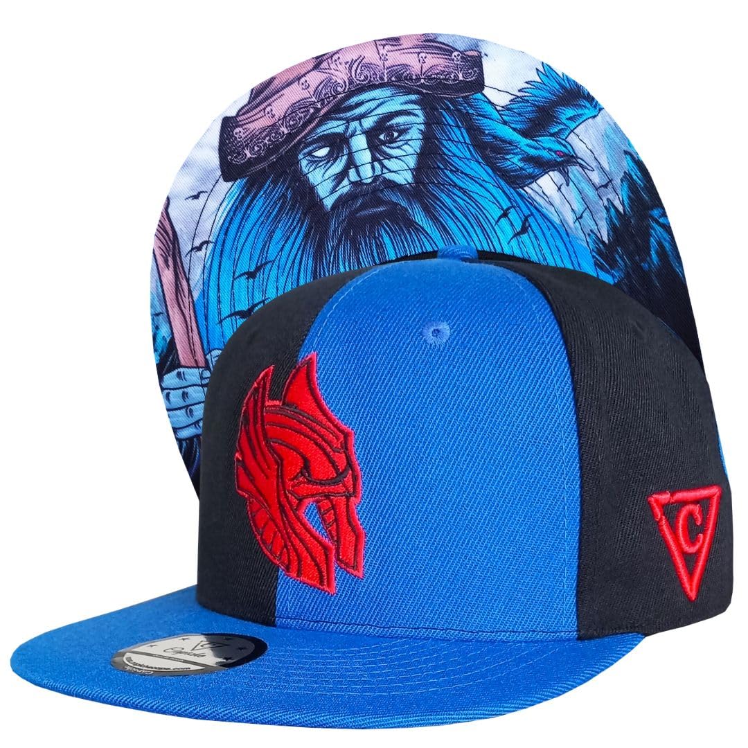 Capiche [99+ Variations] Odin Snapback Cap - Half Blue, Black Panels with Red Embroidered Norse Helmet Logo, Viking Undervisor Art, Adjustable Hat for Mythology and Streetwear Fans
