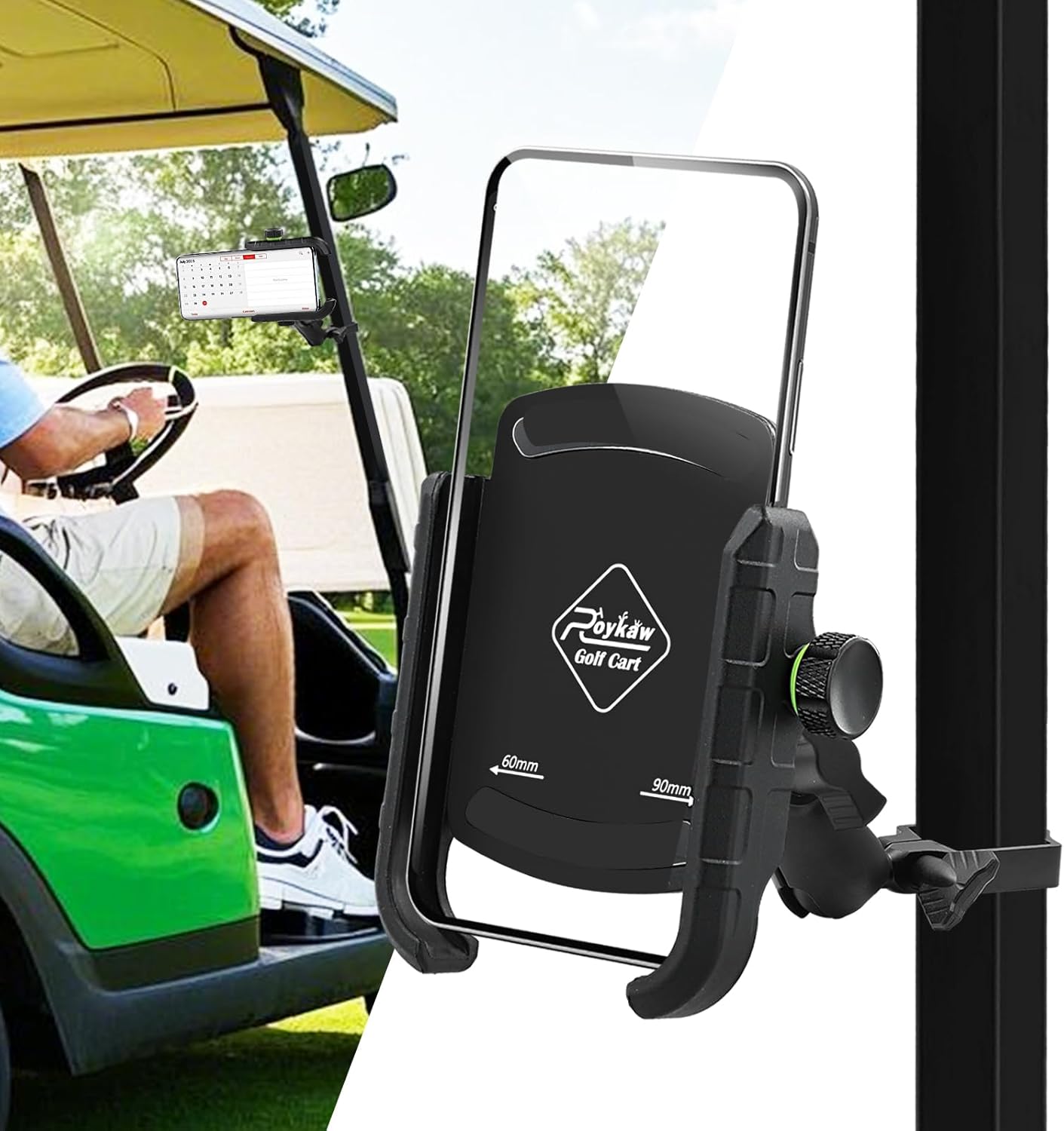 Roykaw Golf Cart Phone Mount Holder for iPhone/Galaxy/Google Pixel - Compatible with EZGO, Club Car, Yamaha, Upgrade Quick Release &One-Handed Pick and Place, Won't Fall Out