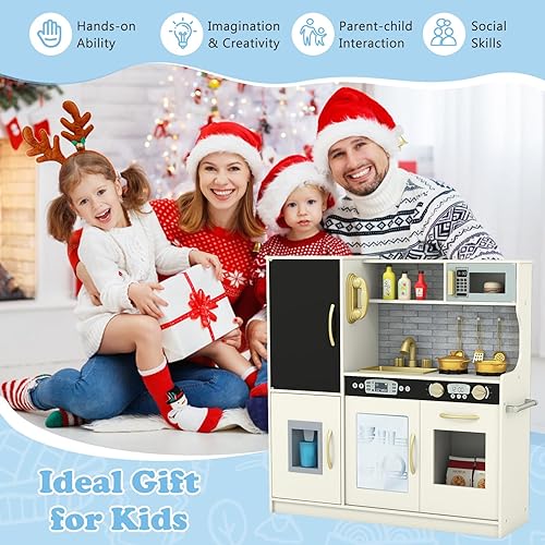 Miniatura 7 de Costzon Kids Kitchen Playset, Wooden Pretend Cooking Toy Set wReal Sound, Large Blackboard, Telephone, Microwave, Ice Maker, Dishwasher, Oven,