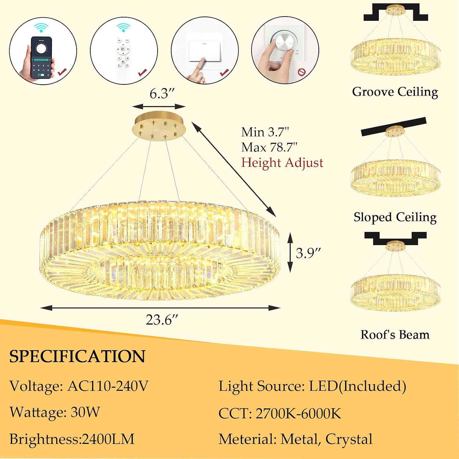Modern Chandeliers for Dining Room Crystal Ceiling Hanging Lighting Fixtures for Bedroom Living Room Hallway 24 Inch Gold Light LED Dimmable Lights