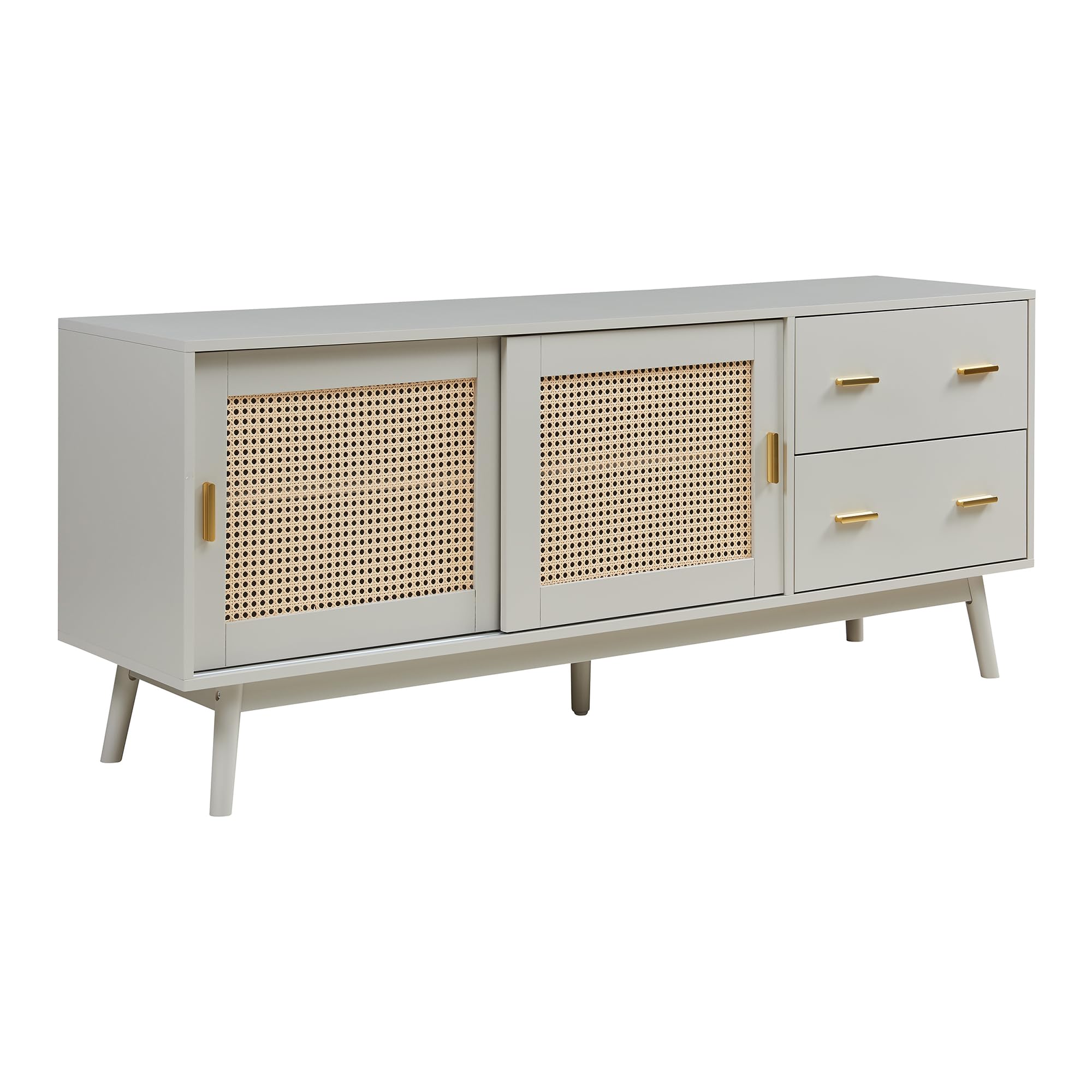 [en.casa] Szafka pod telewizor Susa z 2 drzwiami przesuwnymi, front z polirattanu, szafka pod telewizor z 2 szufladami, 160 x 40 x 65 cm, kredens, komoda pod telewizor, beżowa