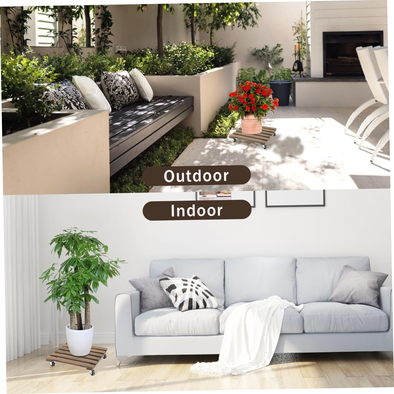 Plant Caddy 2Pcs 12in with Lockable Caster Wheels Square Wooden Plant Stand 360-degree Rotating Flower Pot Stand for Indoor Outdoor Home Garden Furniture Dolly, Decoraciones para jardines