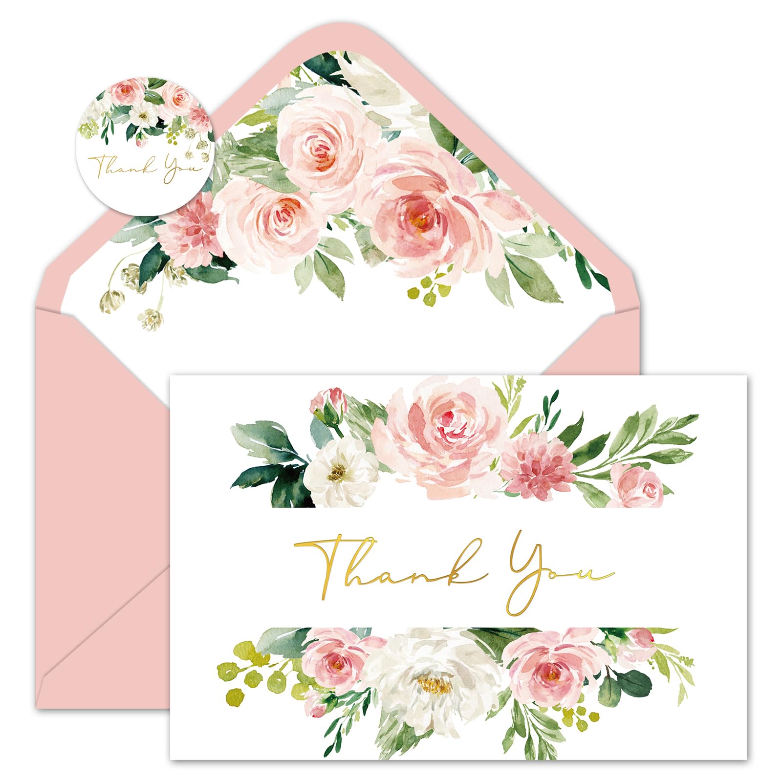 Whaline 24 Pack Floral Thank You Cards Bulk Watercolor Pink Flower Foil Gold Thank You Note Cards with Envelope Sticker for Thanksgiving Wedding