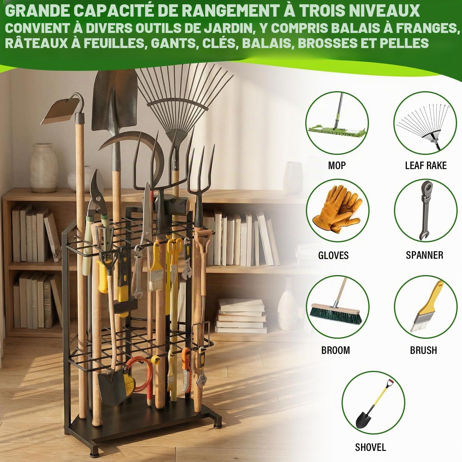 Organisateur d'outils de jardin avec crochets, étagère de rangement, rangement d'outils de jardin pour garage, abri de jardin, cour